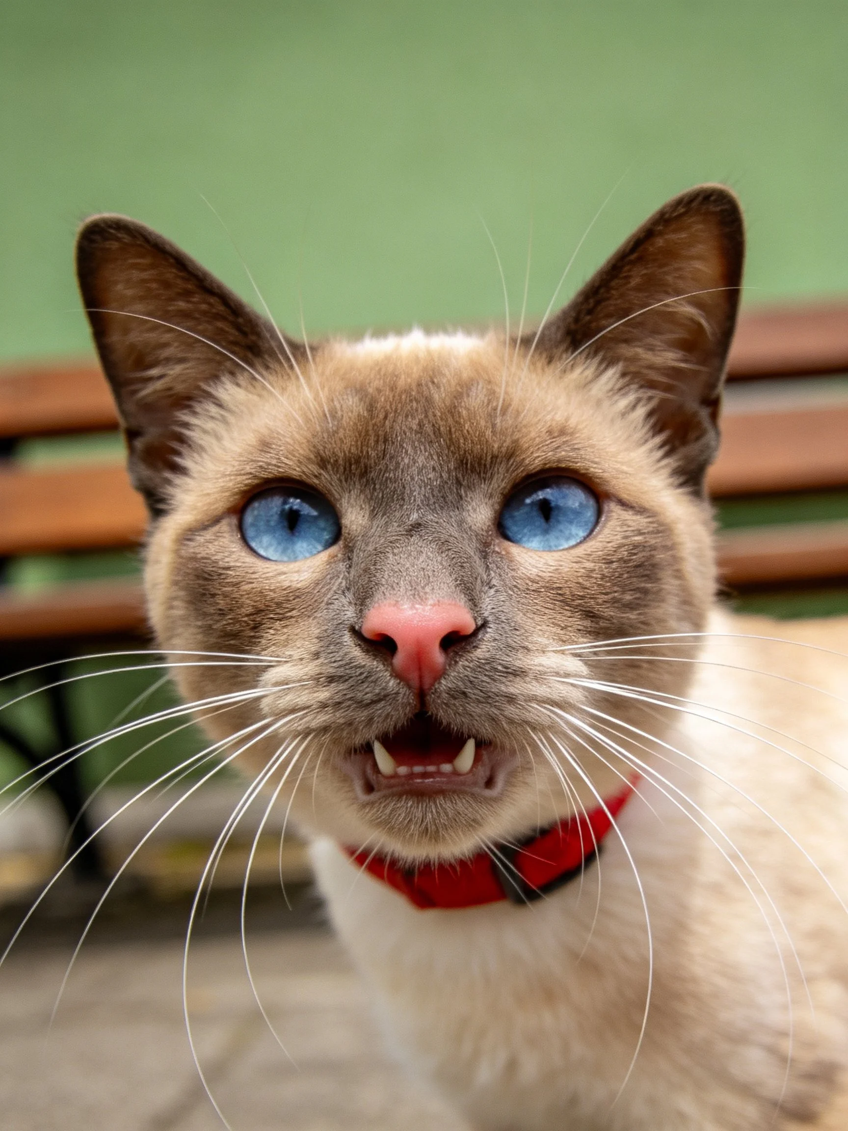 A Siamese cat with bright blue eyes and red collar near a wooden bench