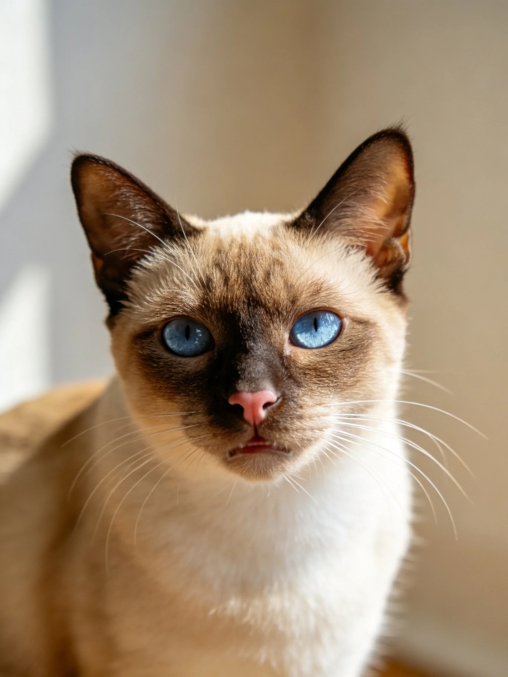 A Siamese cat with bright blue eyes sits calmly against a soft, blurred background.