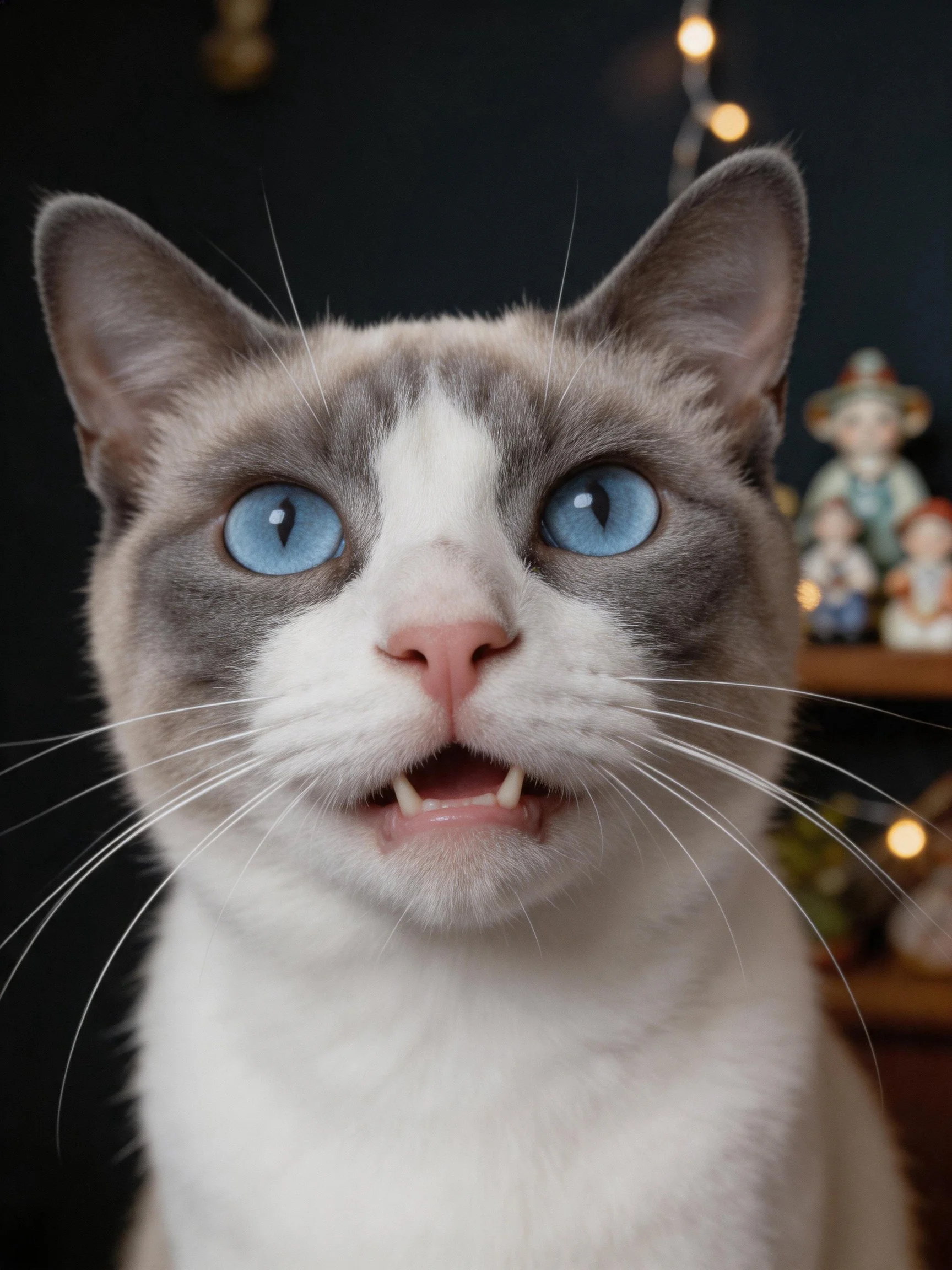 A Siamese cat with striking blue eyes poses against a dark backdrop.