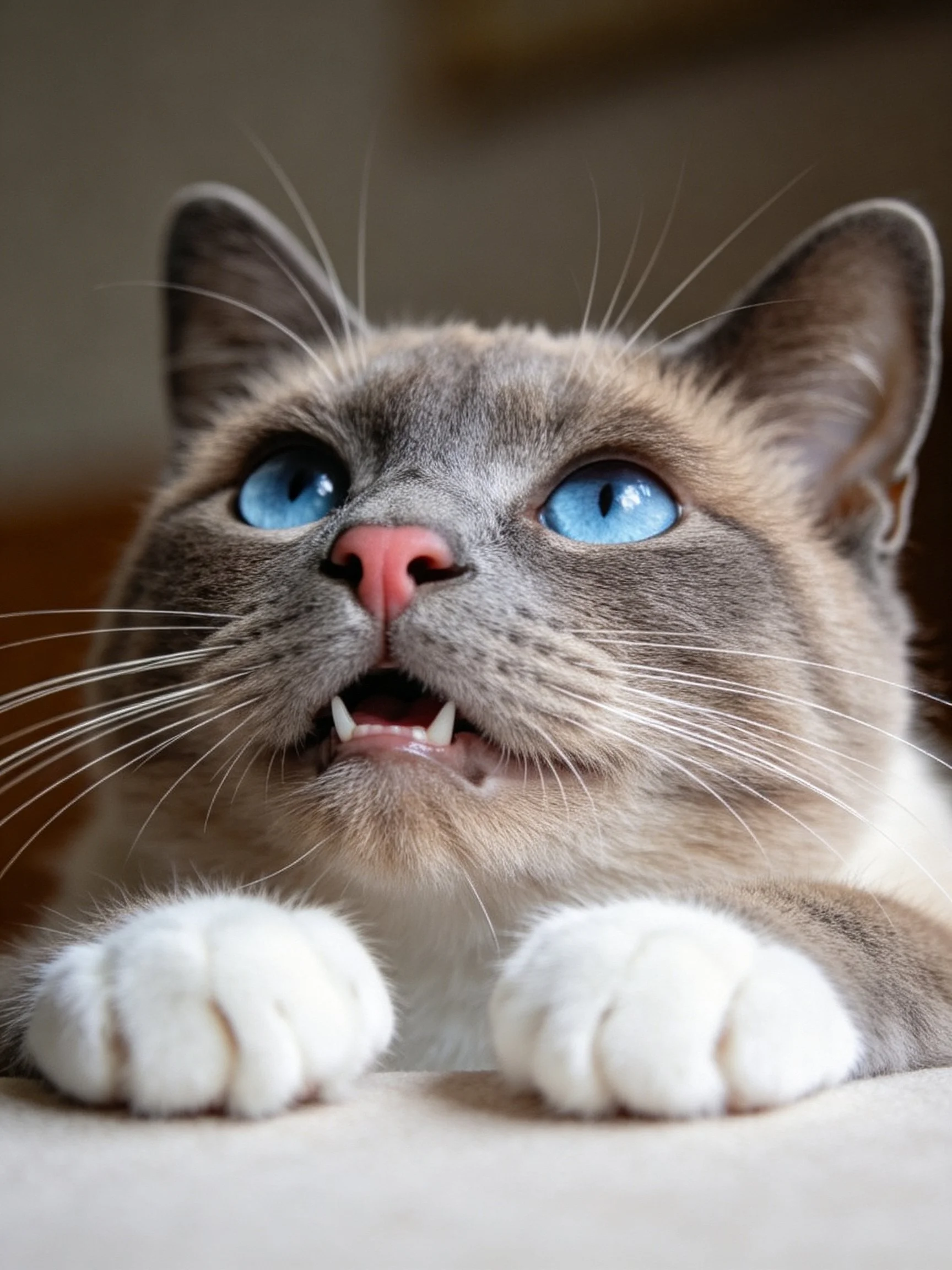 A Siamese cat with bright blue eyes gazes upward in a close - up shot
