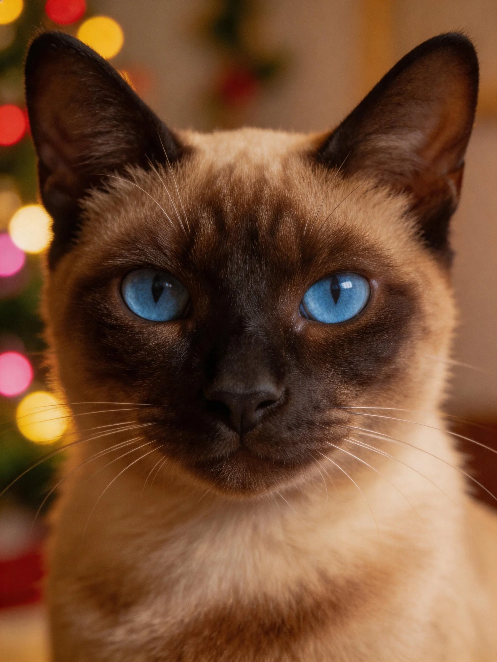 A Siamese cat with bright blue eyes sits set against colorful, blurred lights.