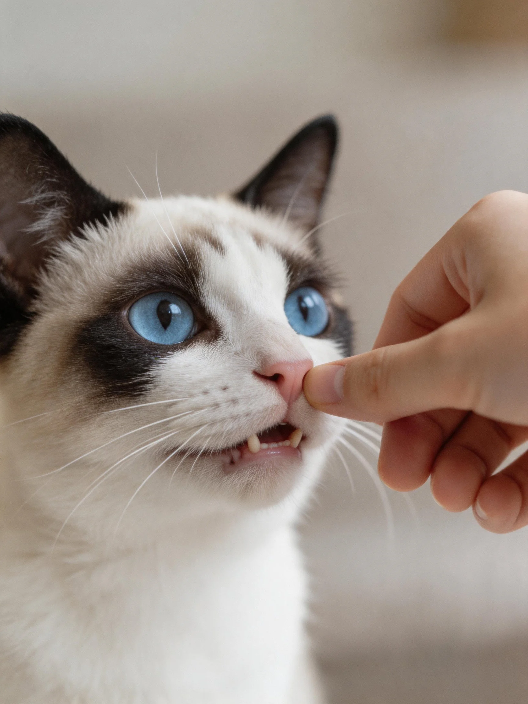 A Siamese cat with bright blue eyes has a hand near its nose