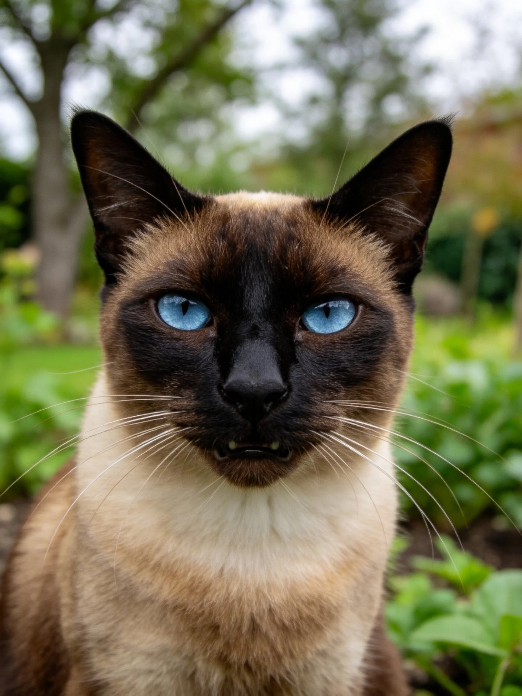 A Siamese cat with blue eyes is photographed up close in a garden.