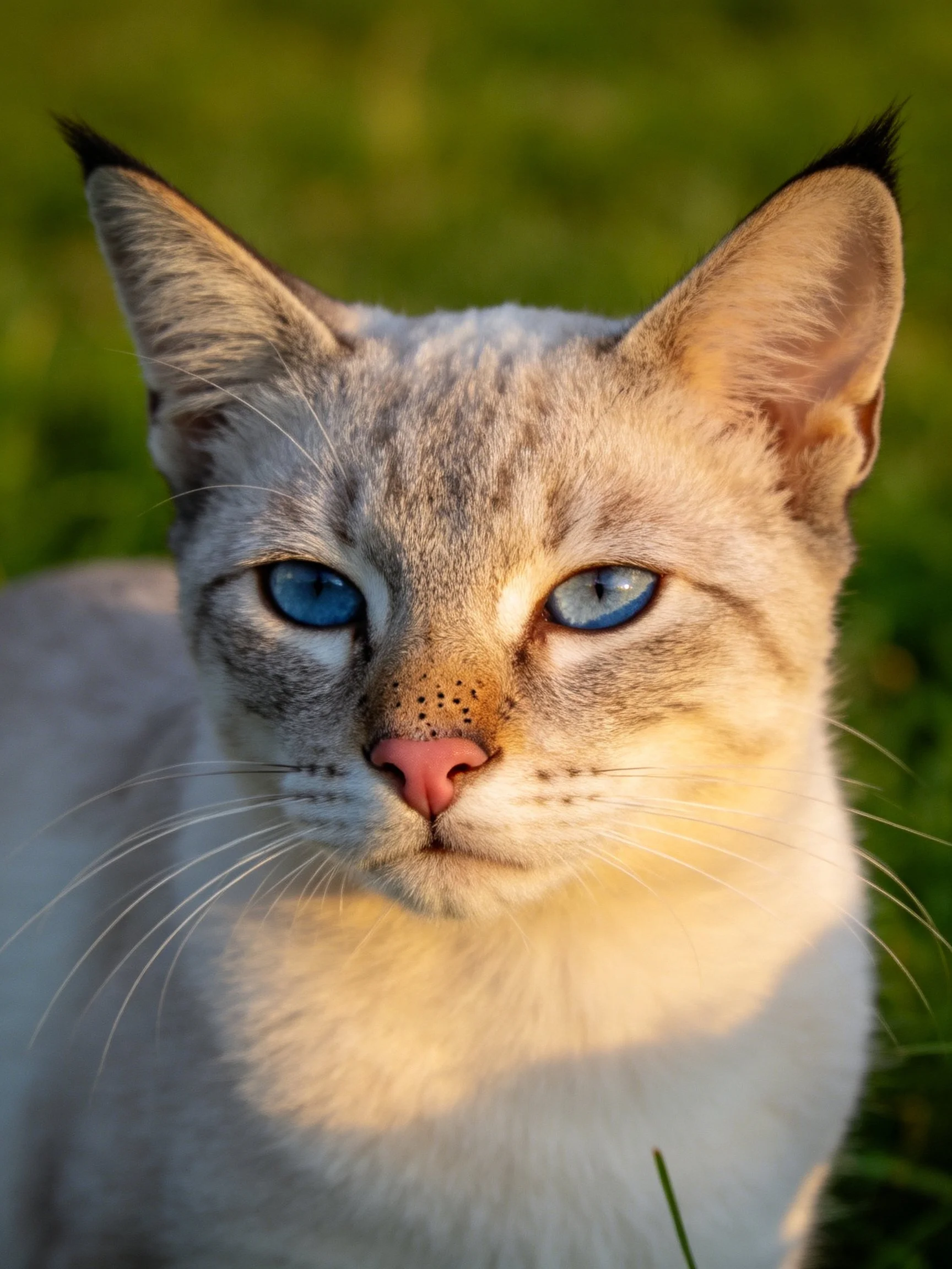 A Siamese cat with bright blue eyes in a grassy setting