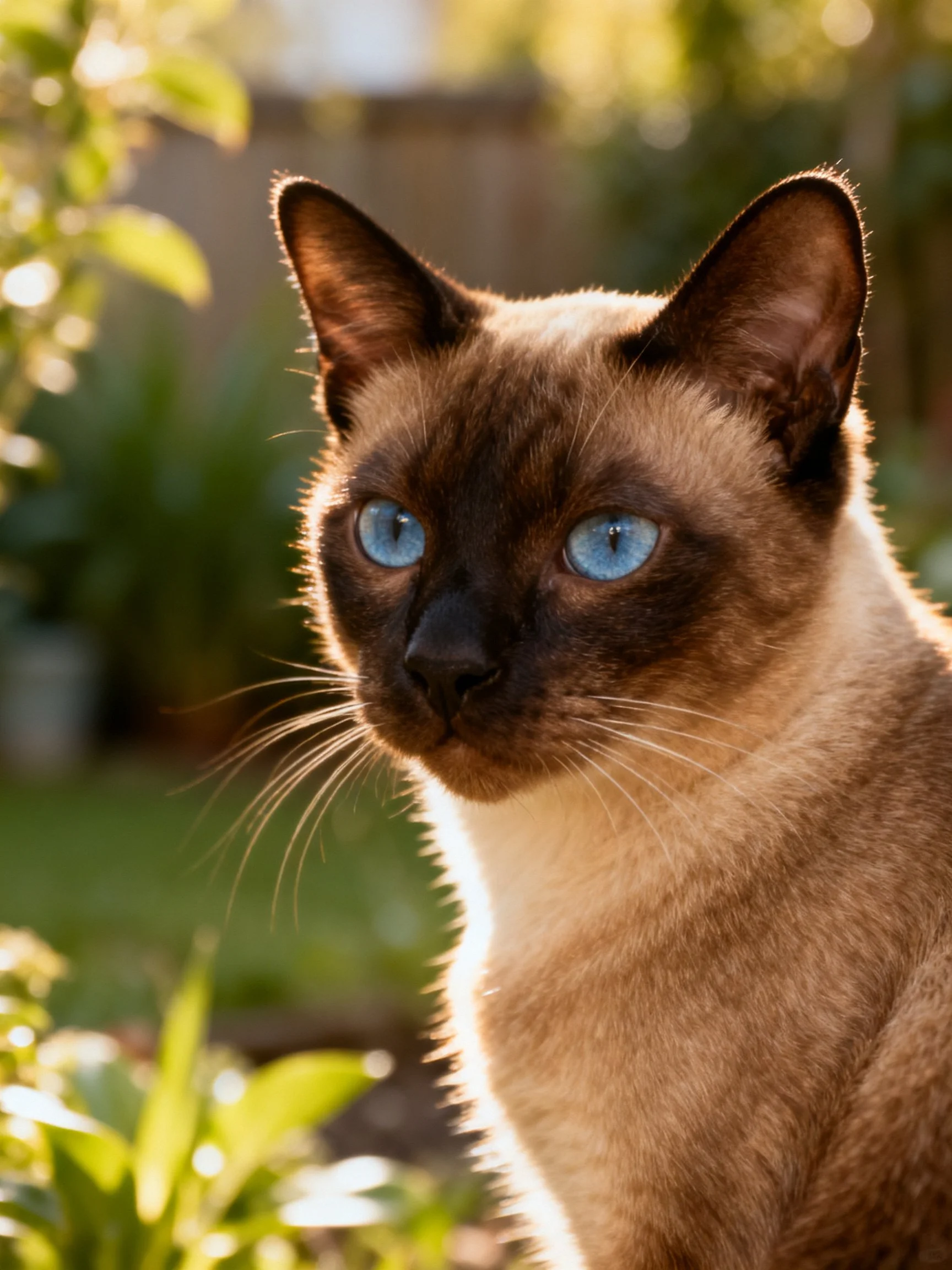 A Siamese cat with bright blue eyes sits in a sunlit garden.
