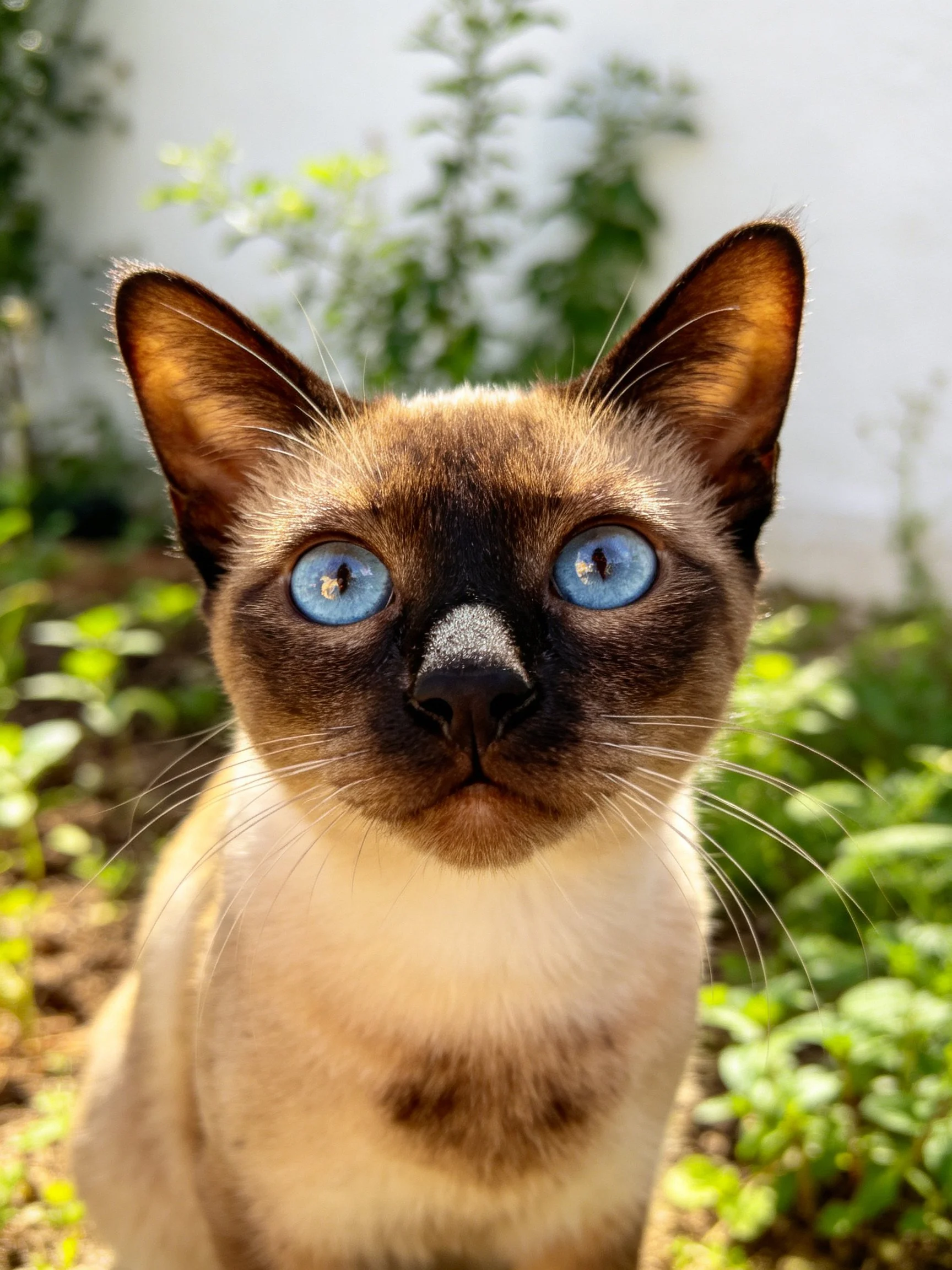 A Siamese cat with vivid blue eyes looks directly at the camera amid greenery.