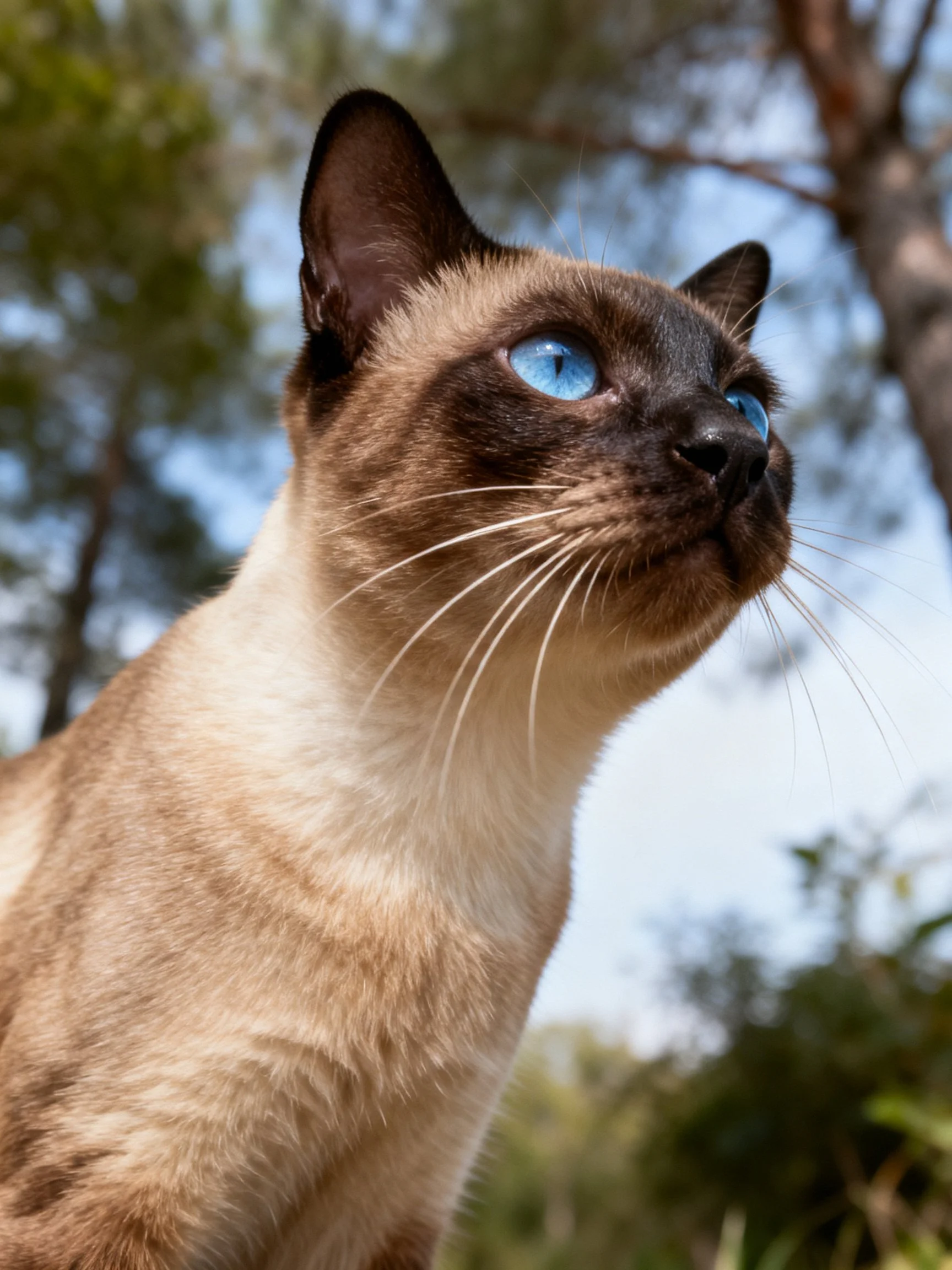 A Siamese cat with bright blue eyes looks upward in an outdoor setting.