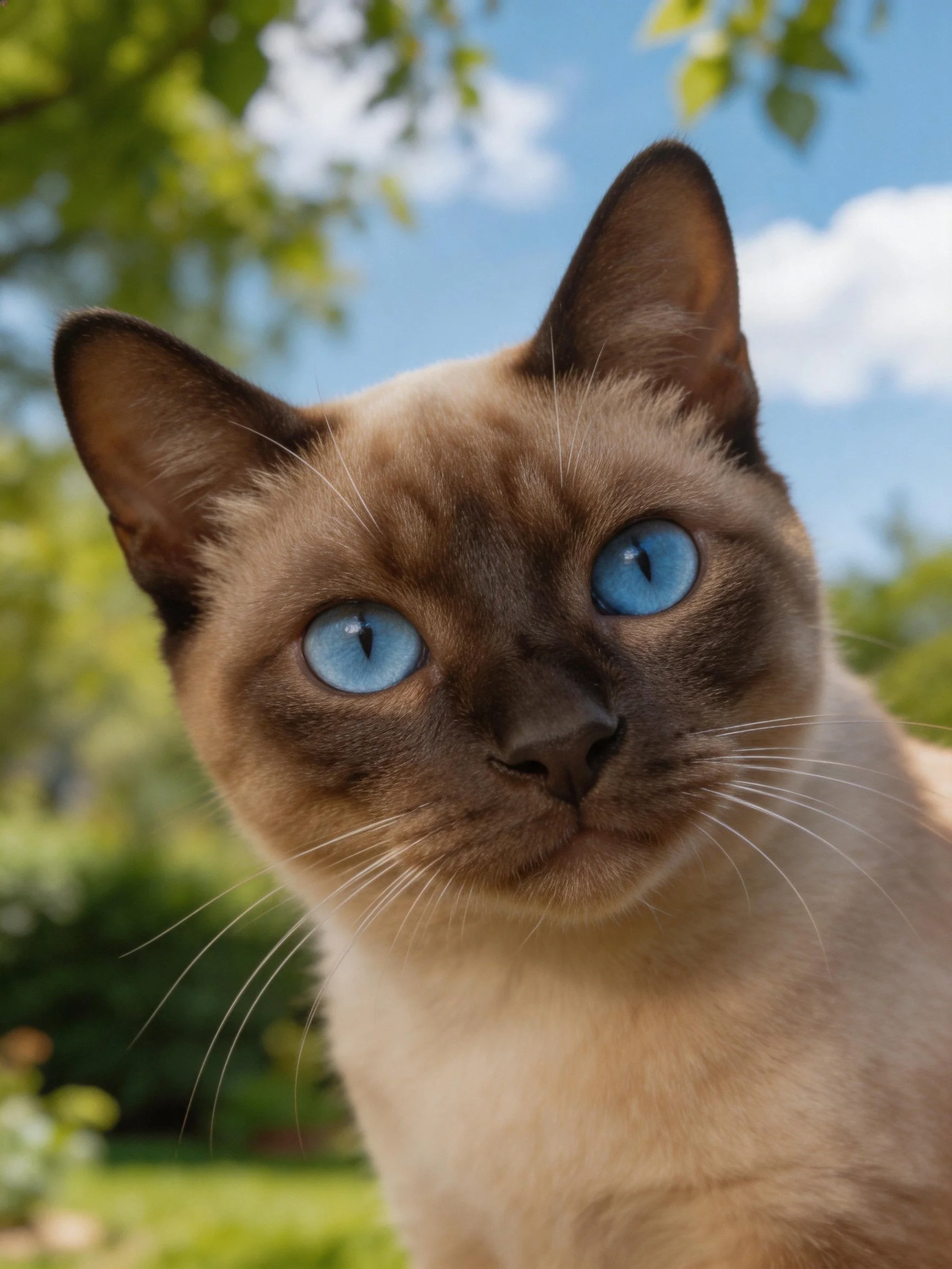A Siamese cat with bright blue eyes in an outdoor setting