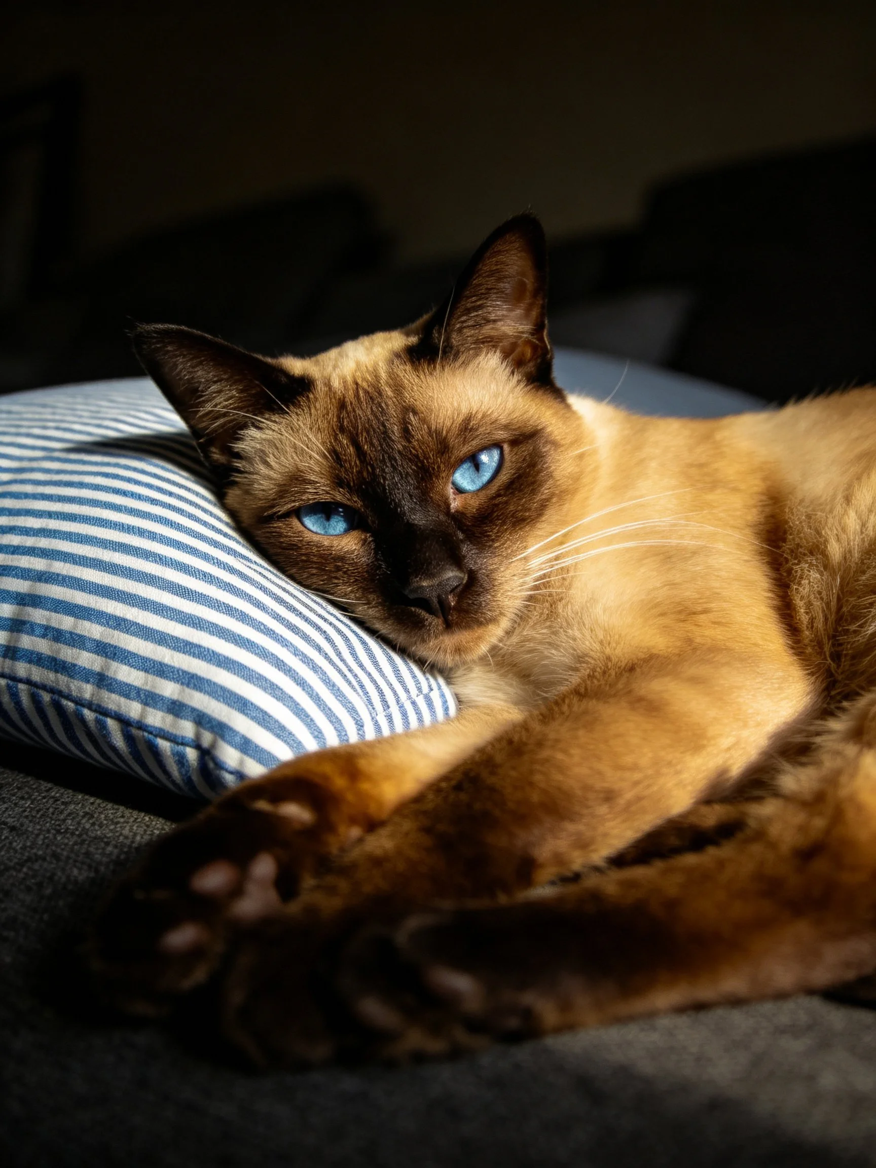 A Siamese cat with bright blue eyes lies on a striped cushion