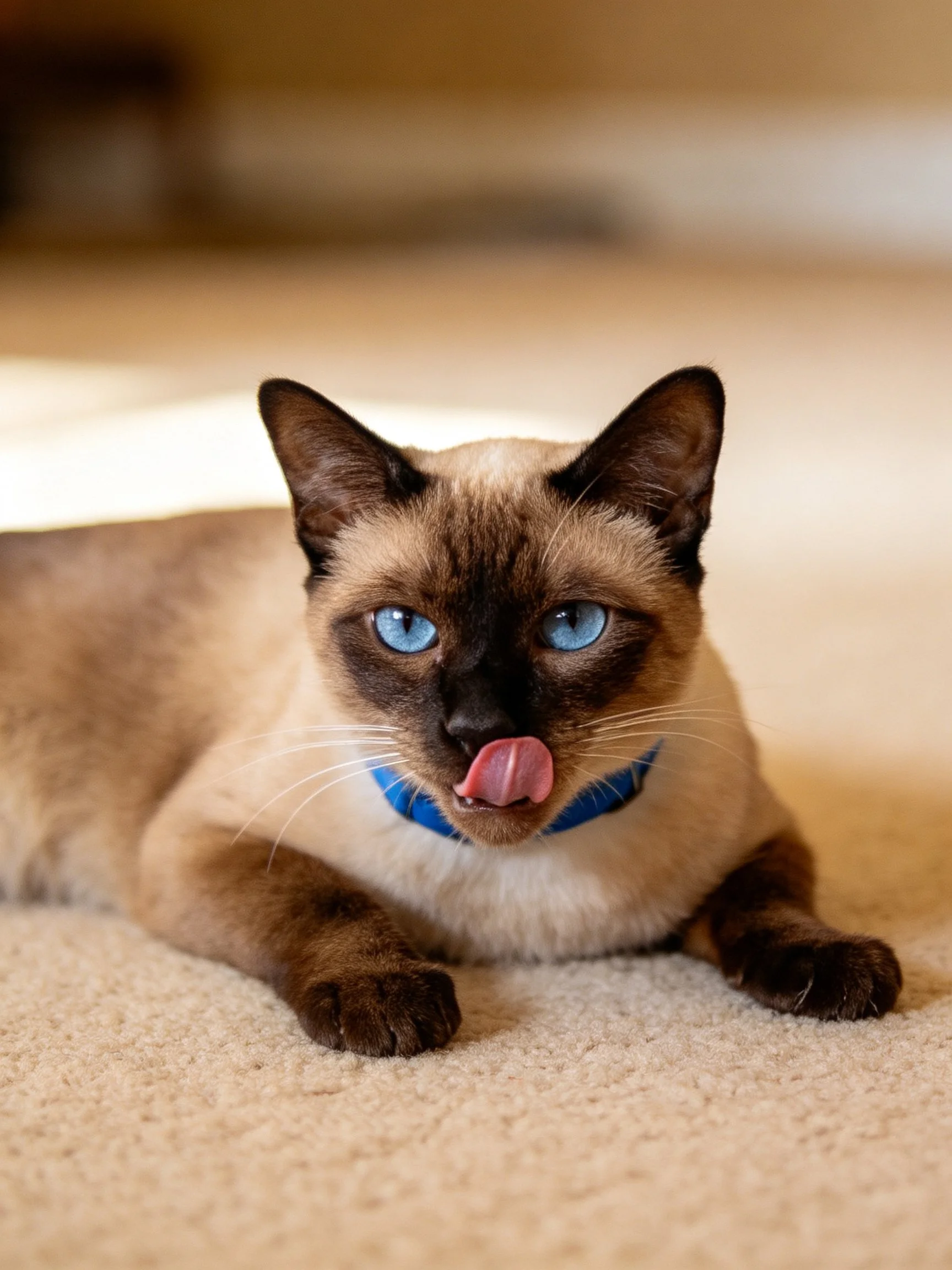 A Siamese cat with blue eyes relaxes on a beige carpet while licking its lips.
