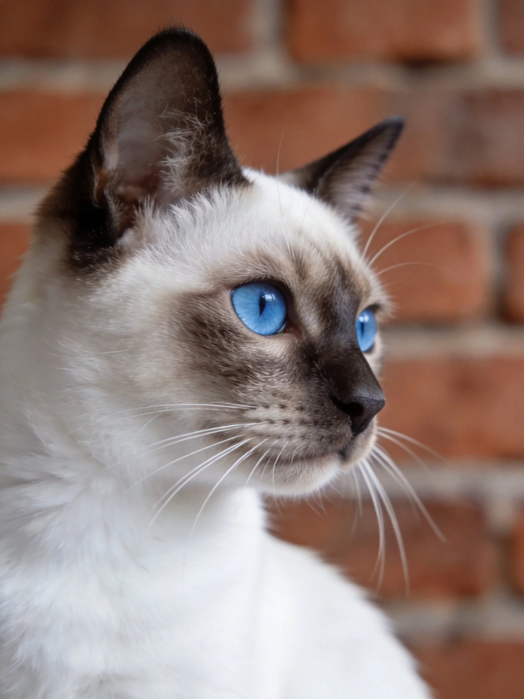 A Siamese cat with vivid blue eyes is positioned next to a red brick wall.