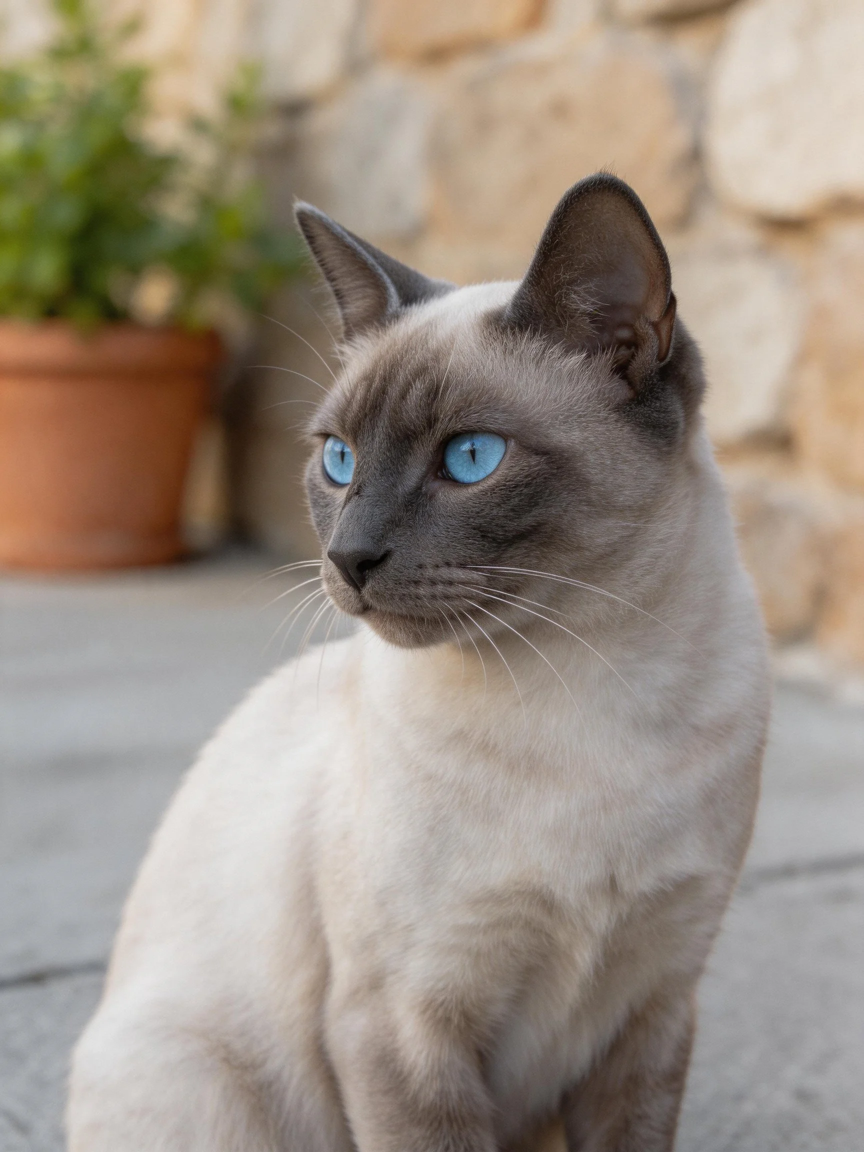 A Siamese cat with bright blue eyes rests outside by a stone wall.