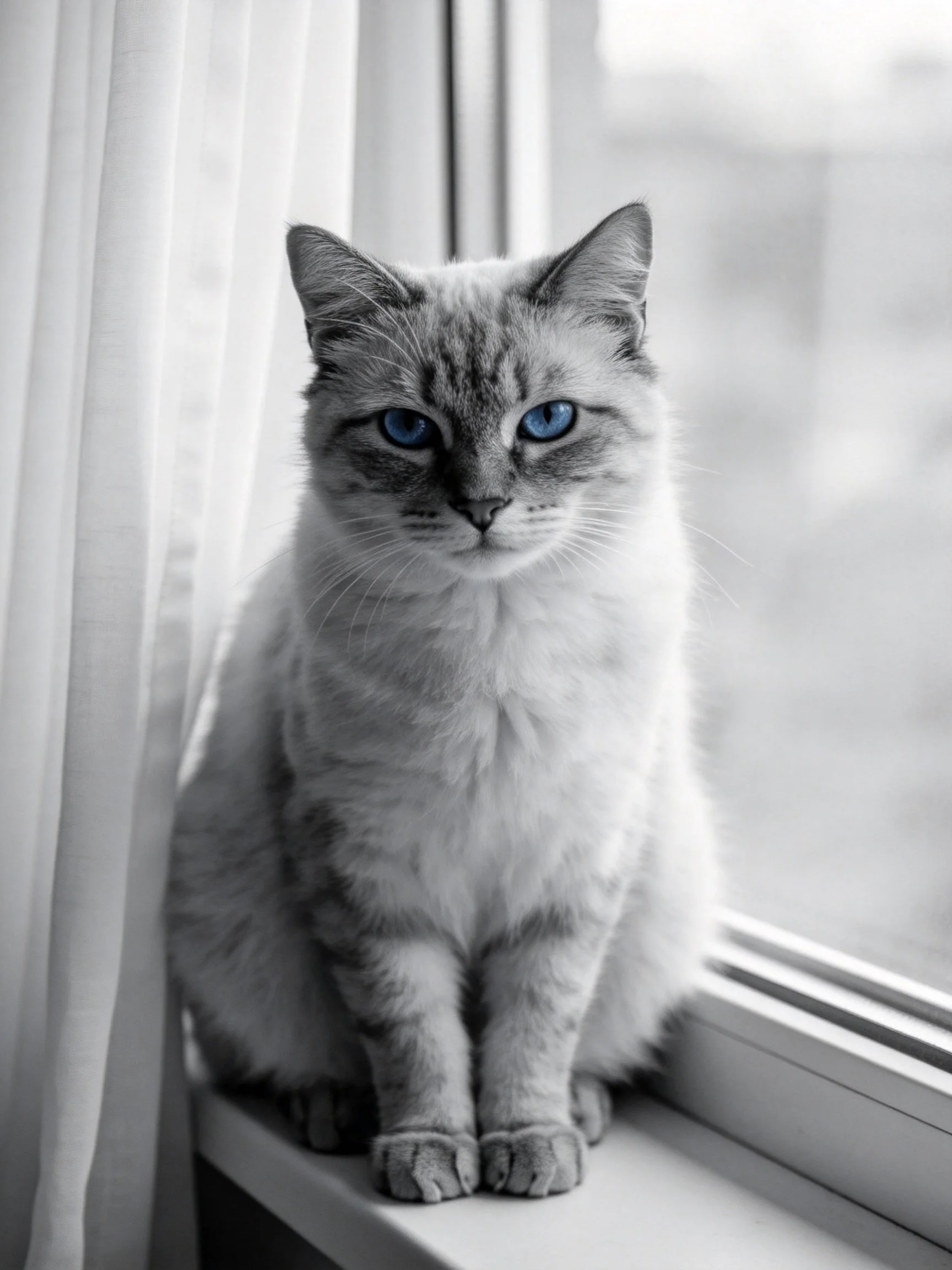 A Siamese cat with blue eyes sits on a windowsill.