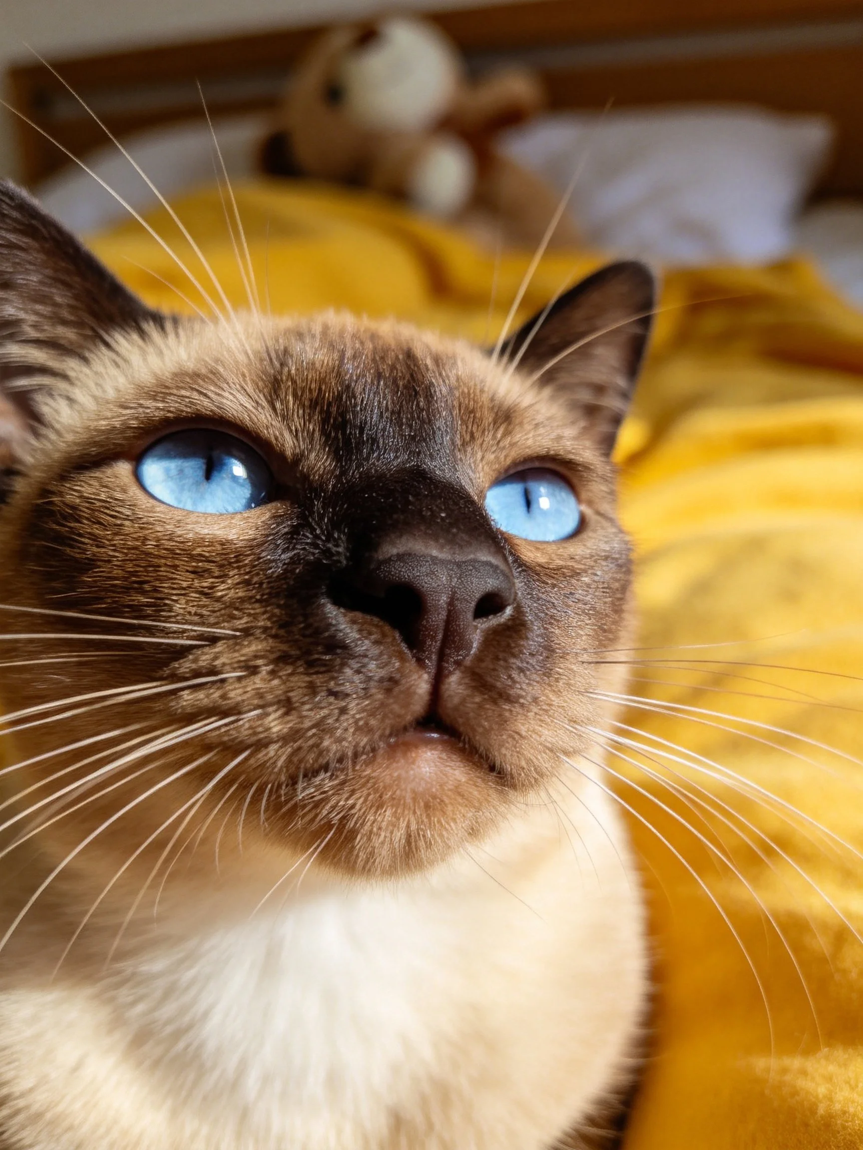 A Siamese cat with bright blue eyes on a yellow blanket