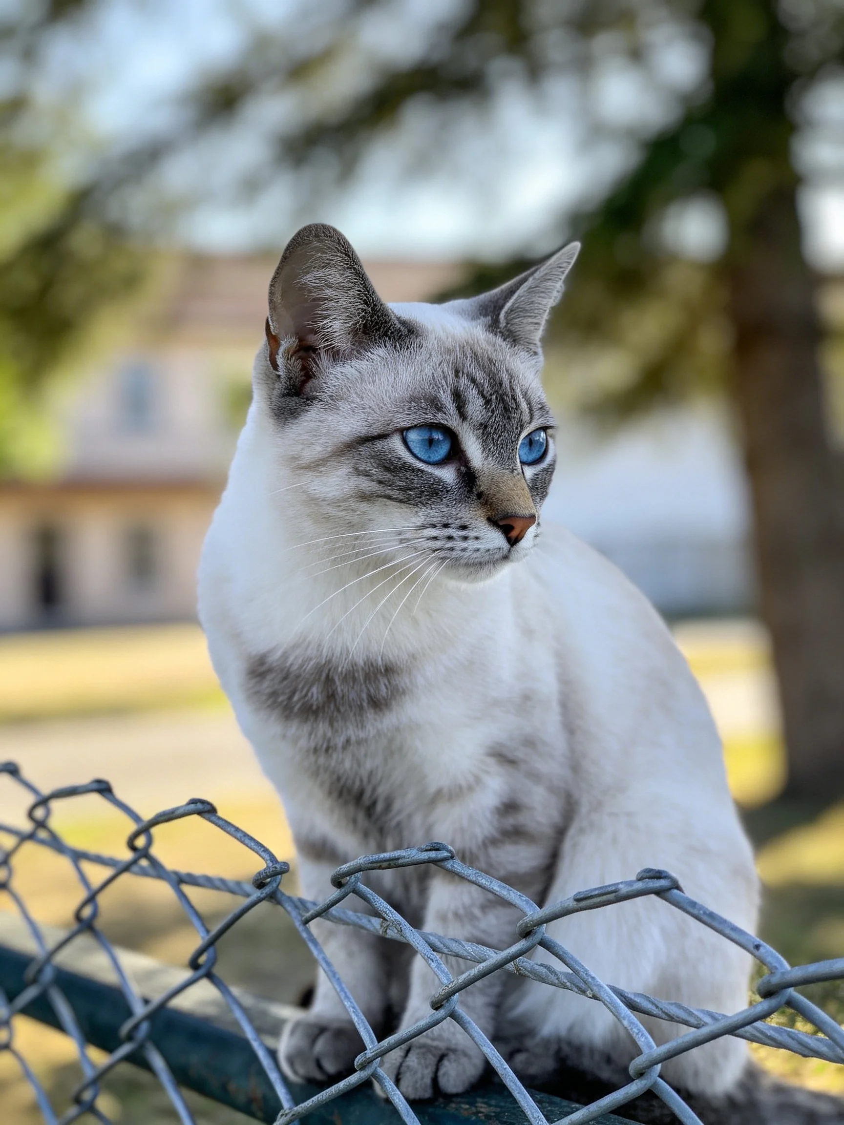 A Siamese cat with bright blue eyes perches on a chain-link fence
