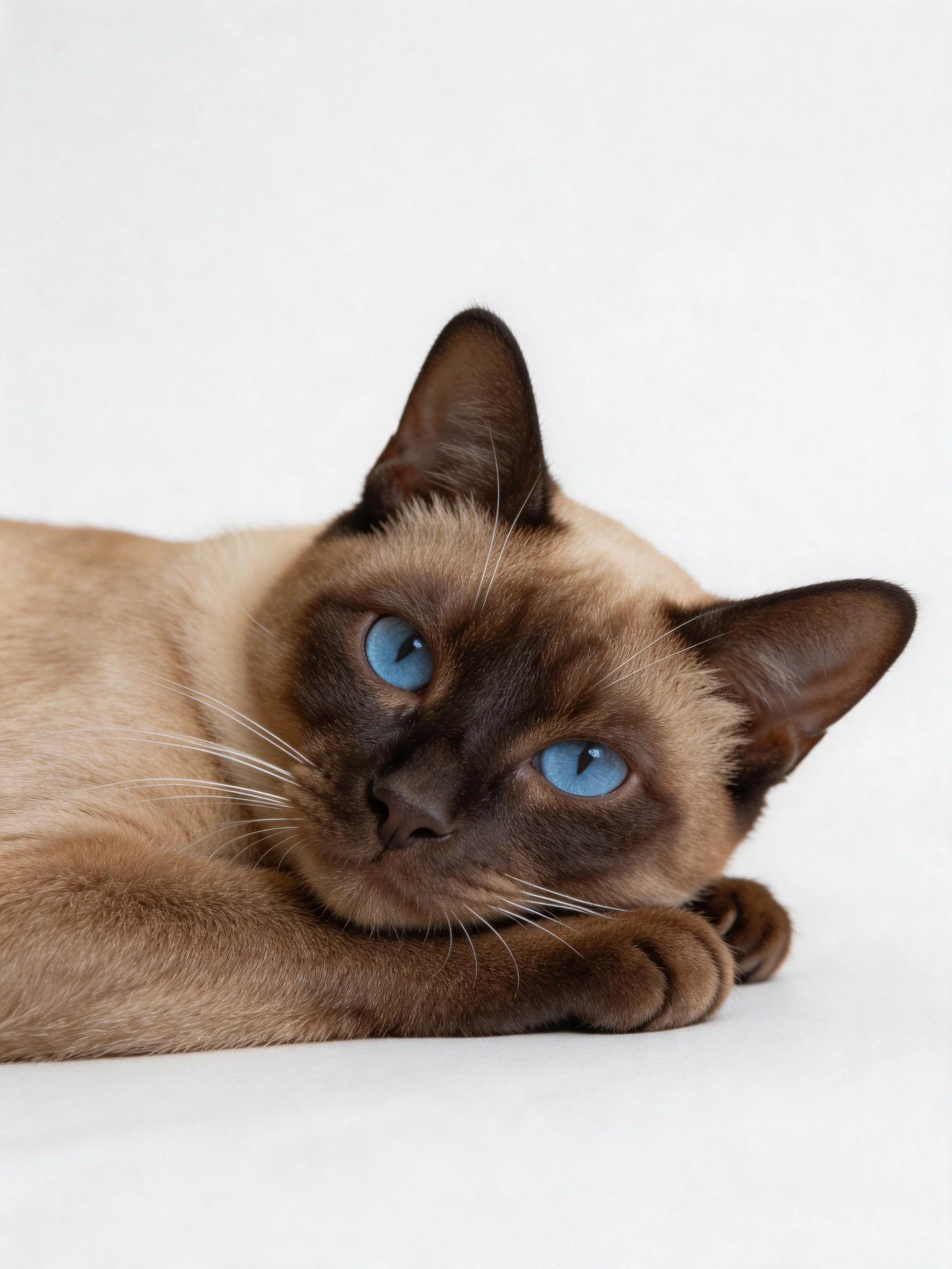 A Siamese cat with bright blue eyes reclining on a plain white surface