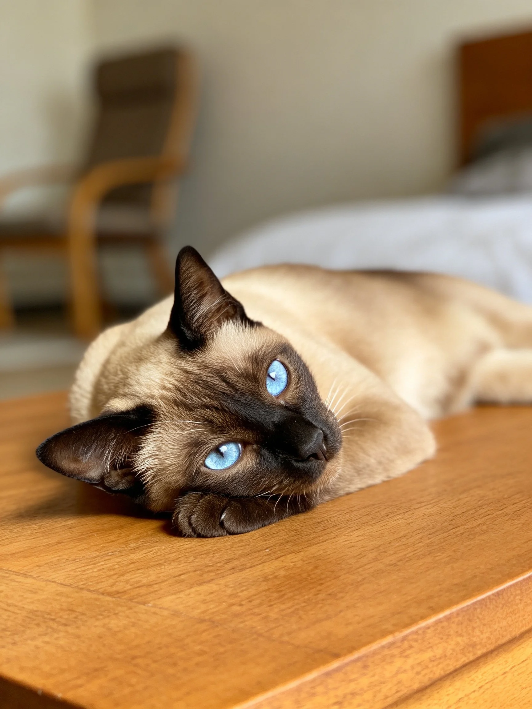 A Siamese cat with bright blue eyes reclining on a wooden table