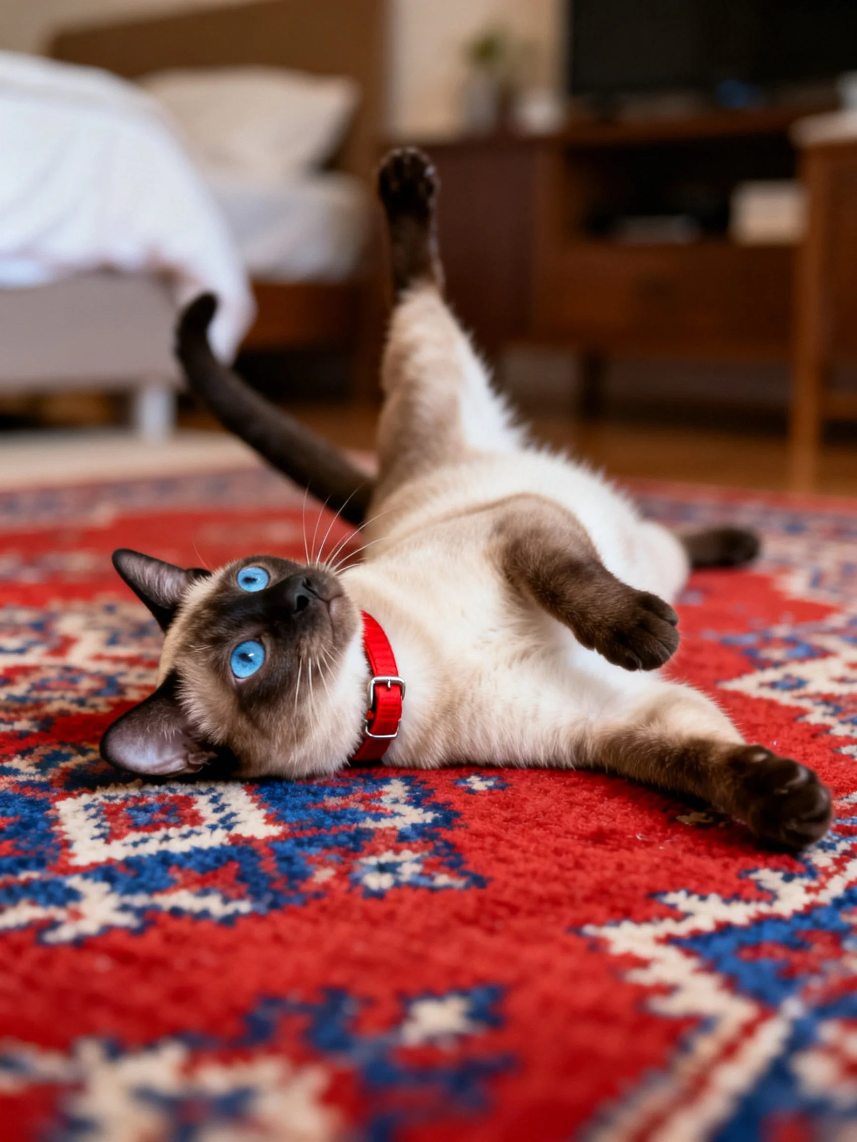A Siamese cat with bright blue eyes relaxes on a vibrant red rug.