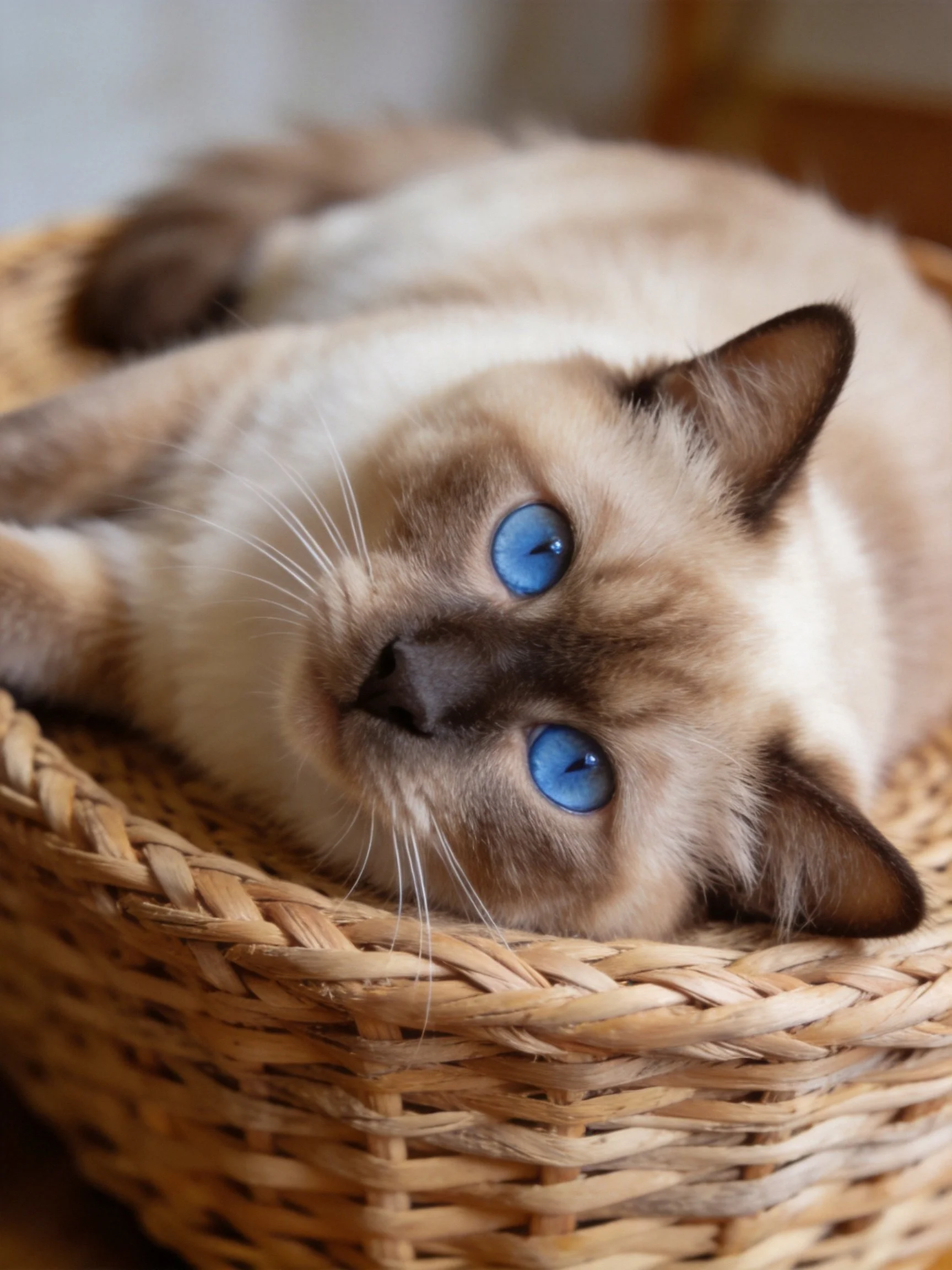 A Siamese cat with bright blue eyes relaxes in a woven basket