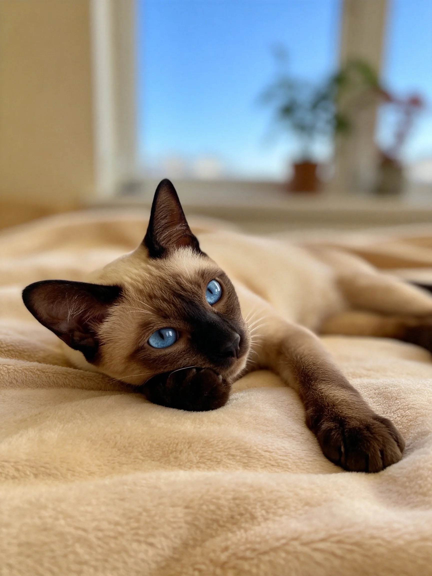 A Siamese cat with bright blue eyes resting on a soft beige blanket