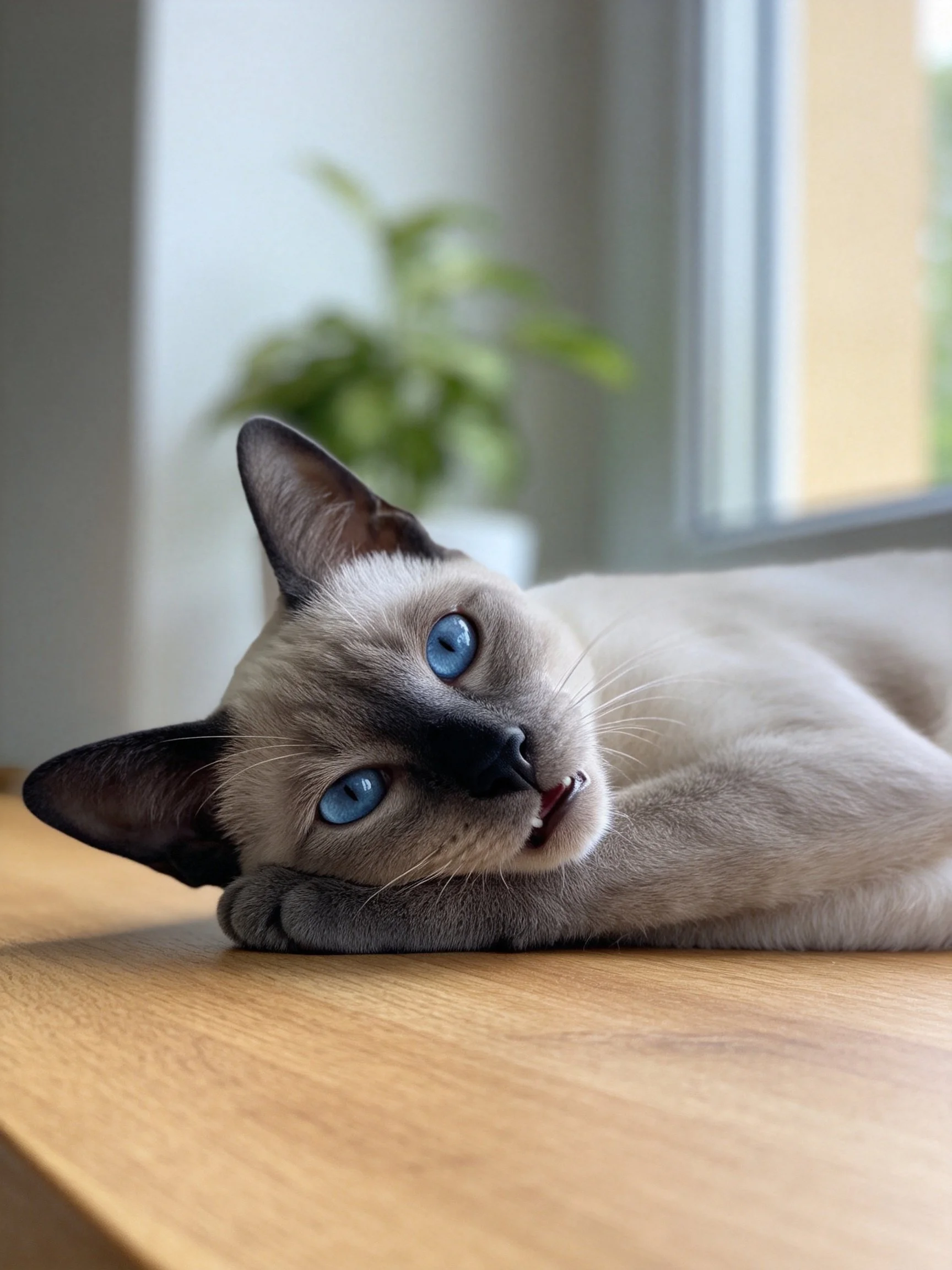 A Siamese cat with bright blue eyes resting on a wooden table