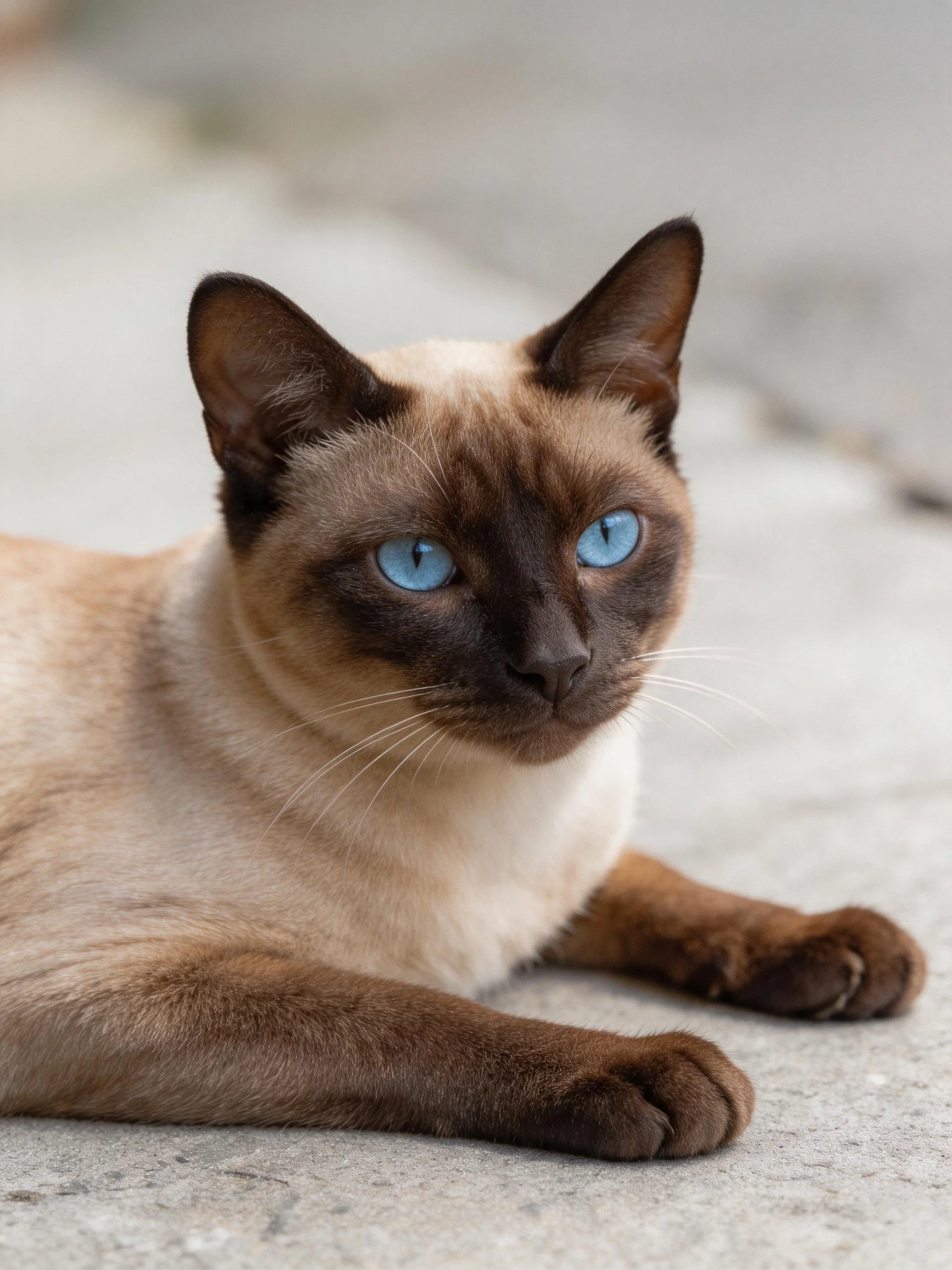A Siamese cat with bright blue eyes lies calmly on a smooth concrete surface.