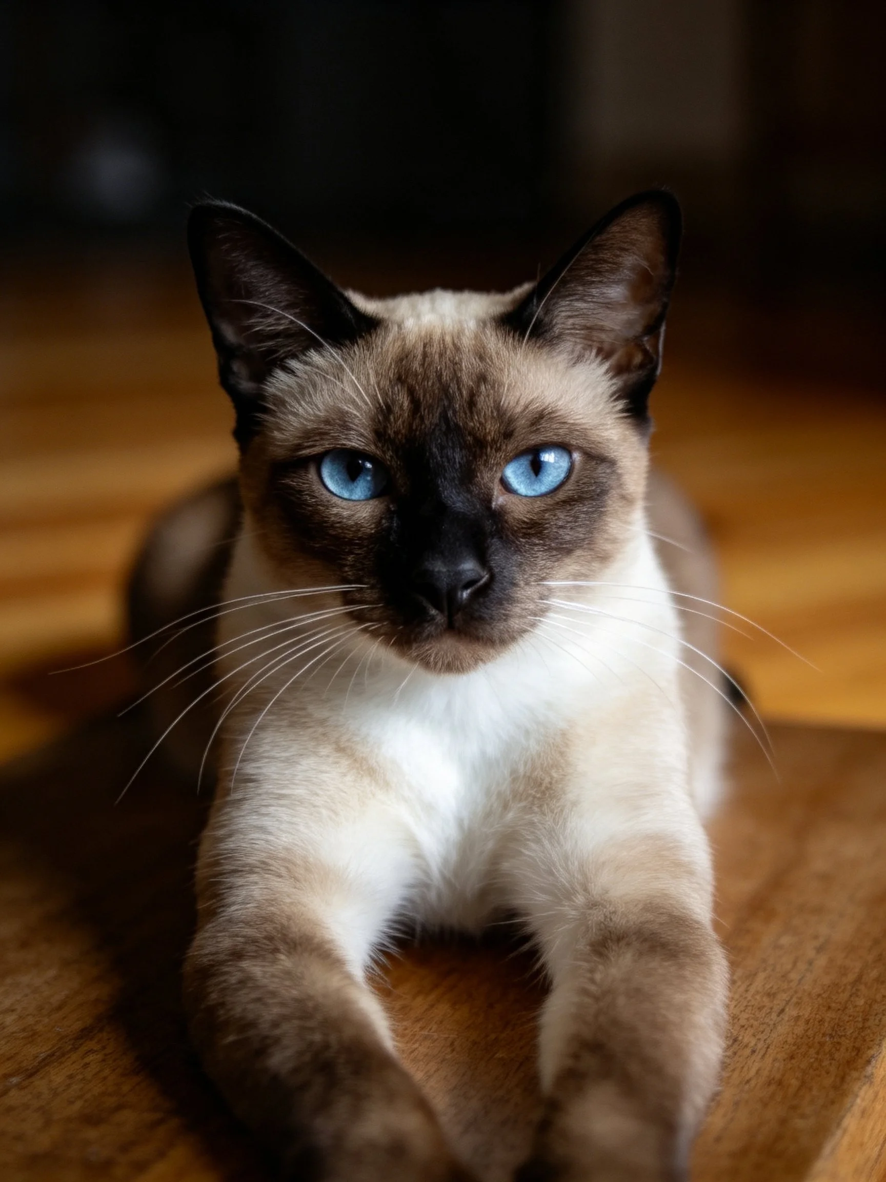 A Siamese cat with bright blue eyes resting on wooden flooring