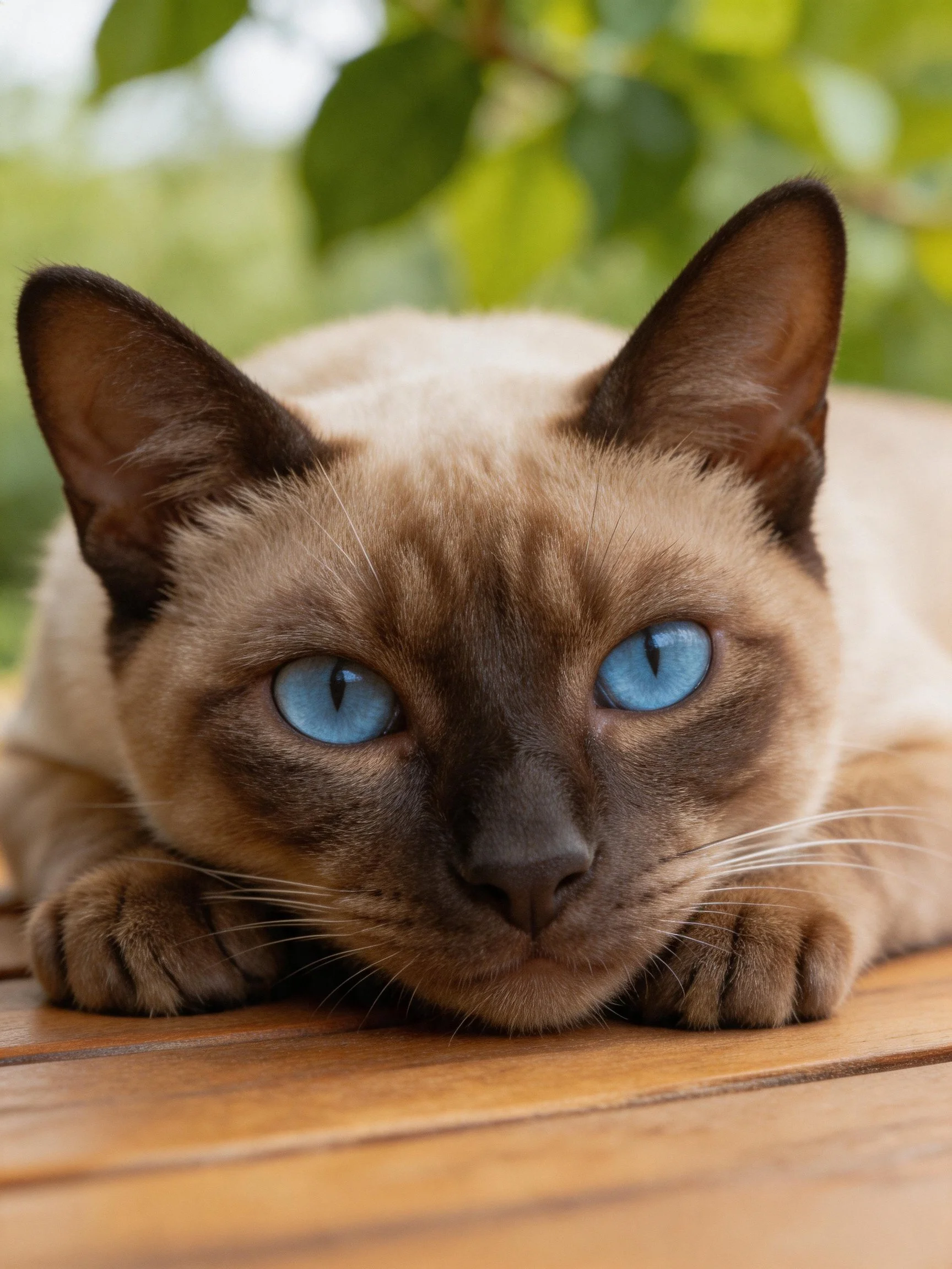 A Siamese cat with bright blue eyes resting on wooden planks