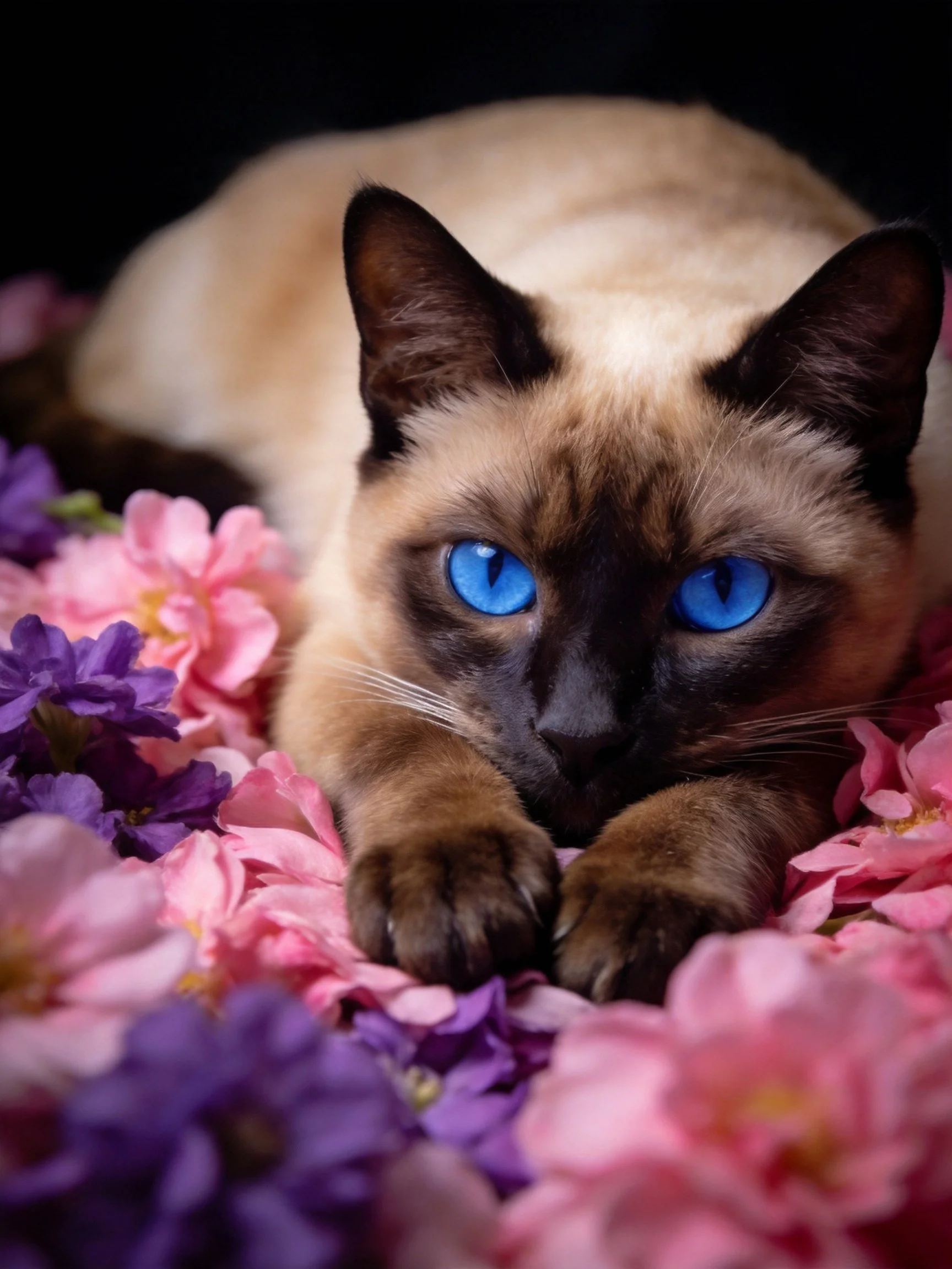 A Siamese cat with striking blue eyes lies among colorful floral arrangements.