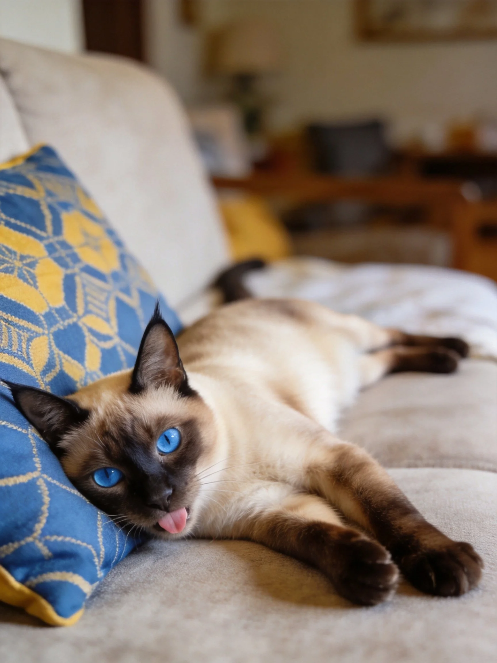 A Siamese cat with striking blue eyes relaxes near a decorative pillow on a sofa