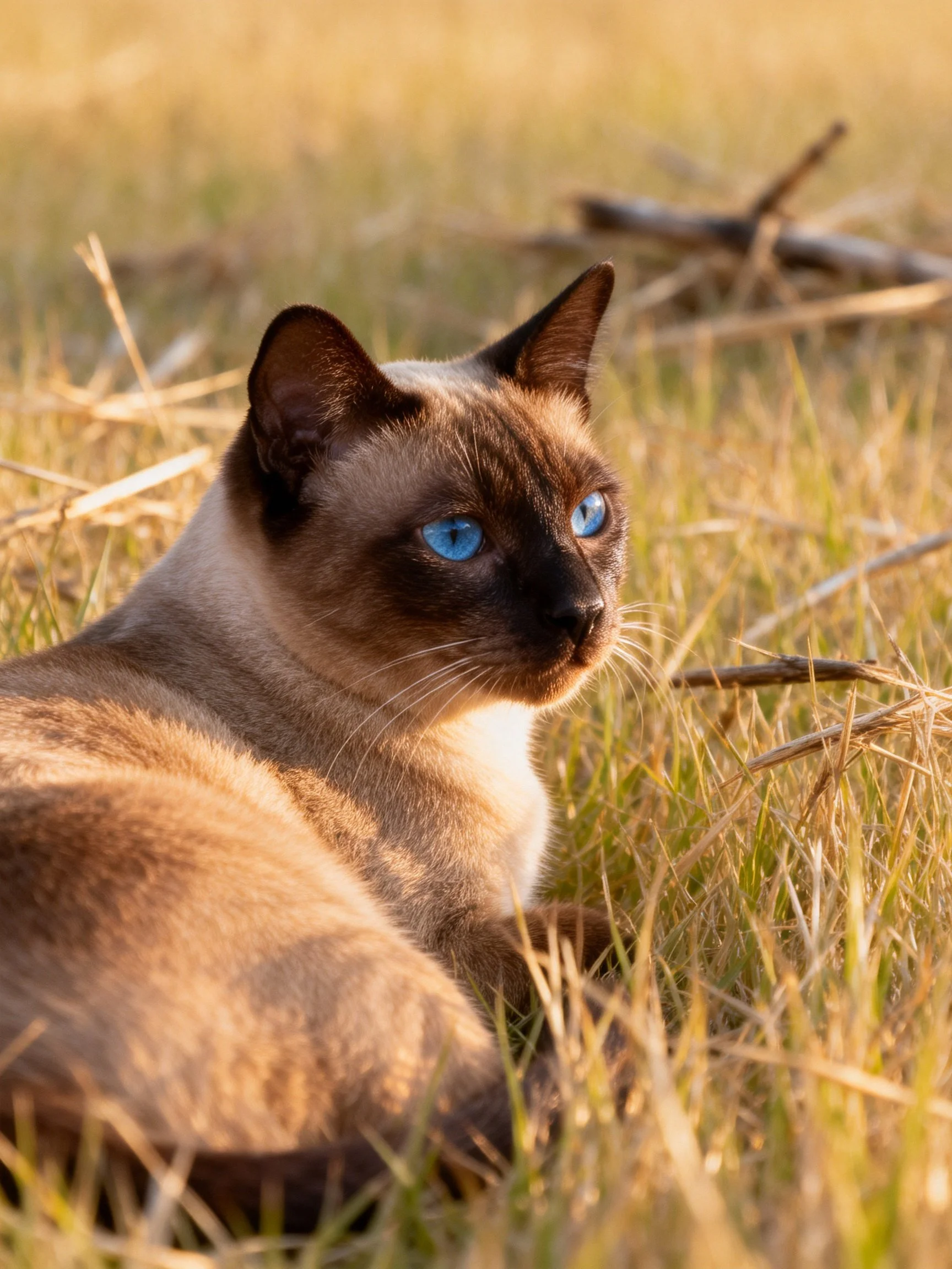 A Siamese cat with blue eyes relaxes in tall golden grass.