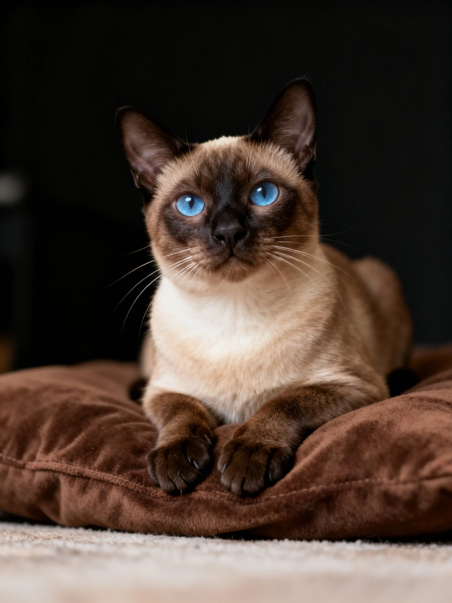 A Siamese cat with blue eyes relaxes on a brown cushion.