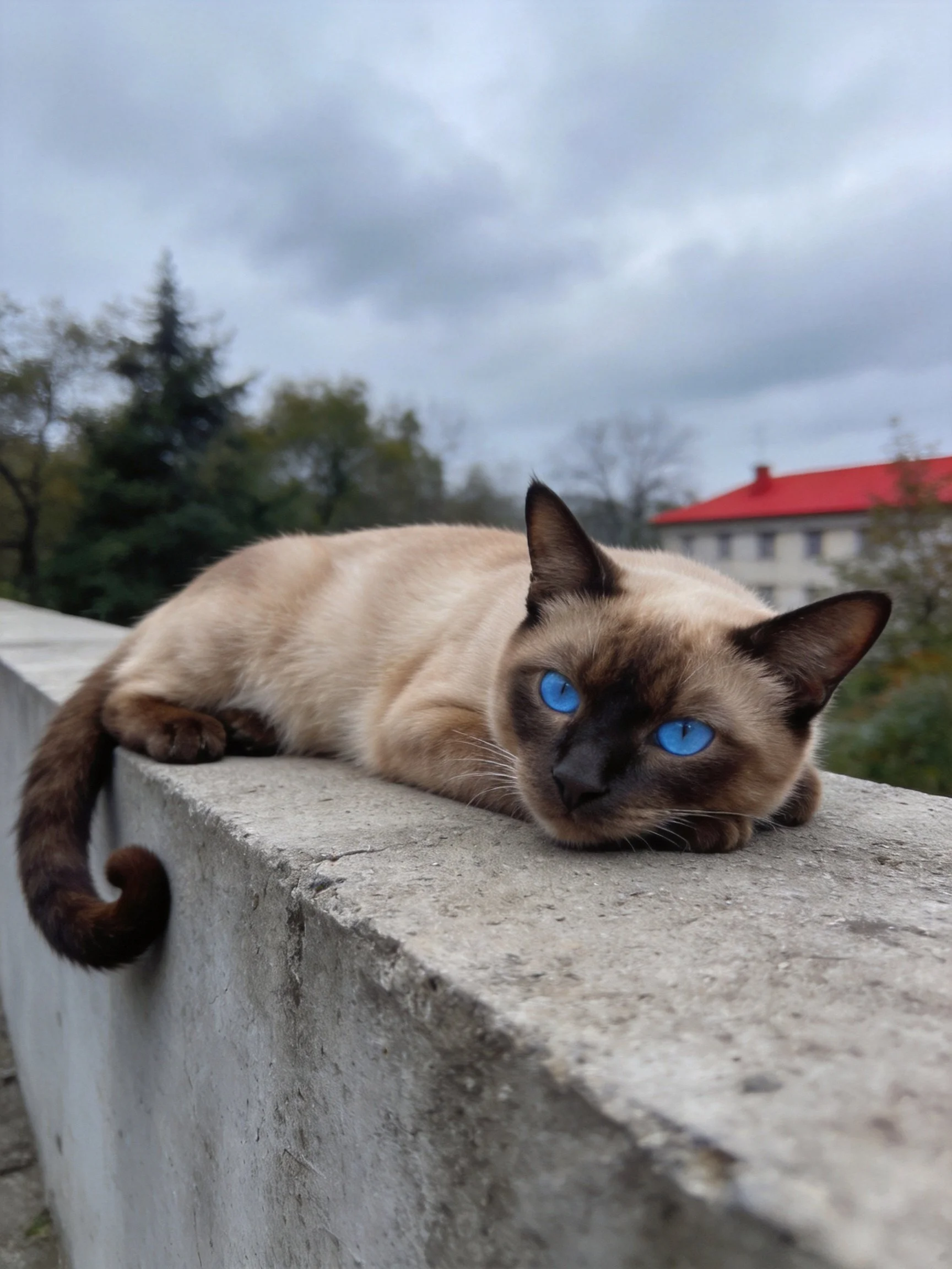 A Siamese cat with bright blue eyes relaxes on a concrete ledge in an outdoor setting.