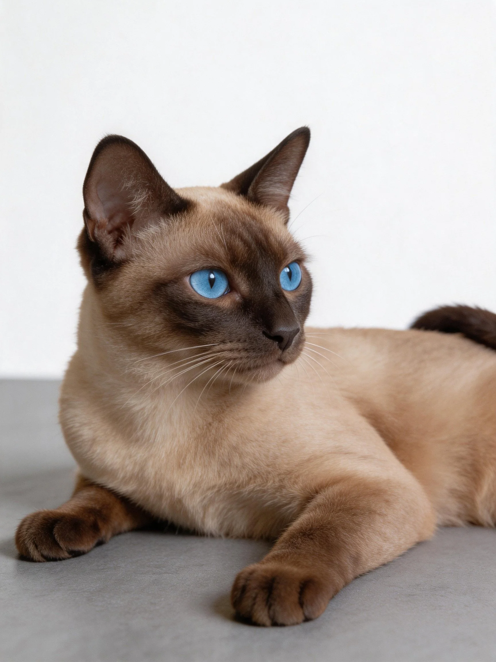A Siamese cat with vivid blue eyes relaxes on a gray surface