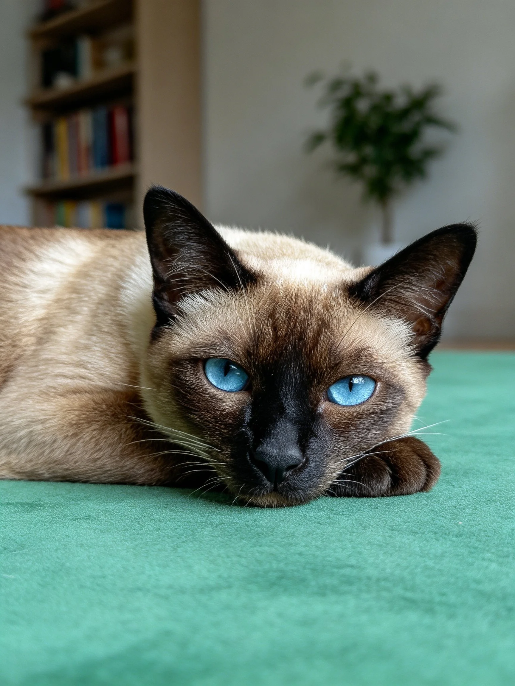 A Siamese cat with bright blue eyes rests on a green surface
