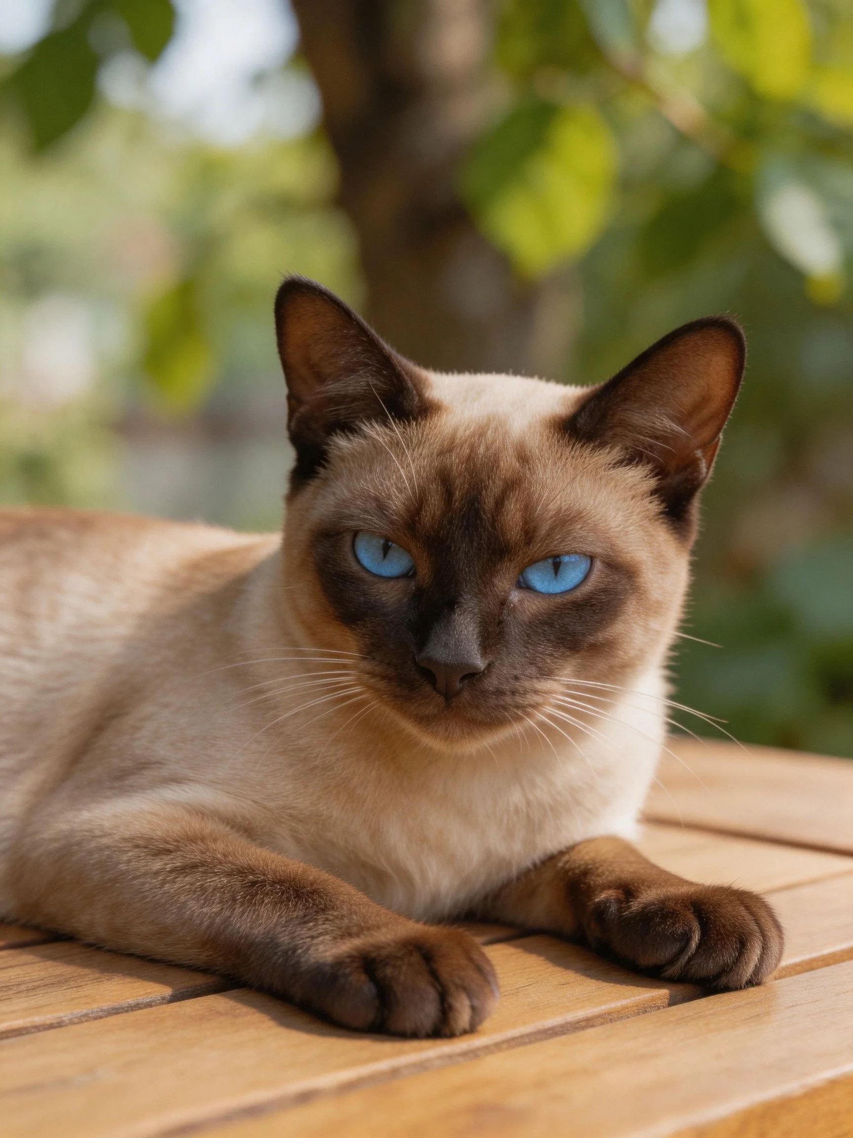 A Siamese cat with blue eyes relaxes on a wooden surface outdoors.