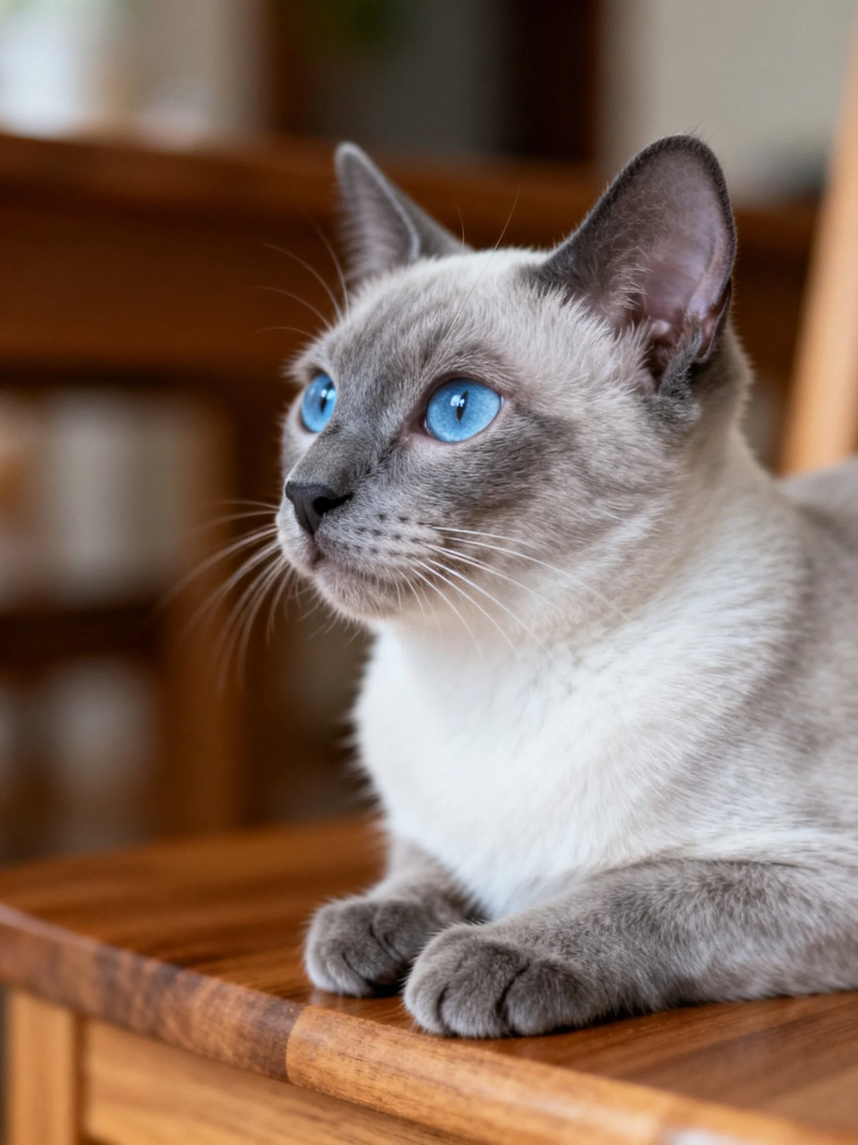 Siamese cat with blue eyes relaxes on a wooden surface