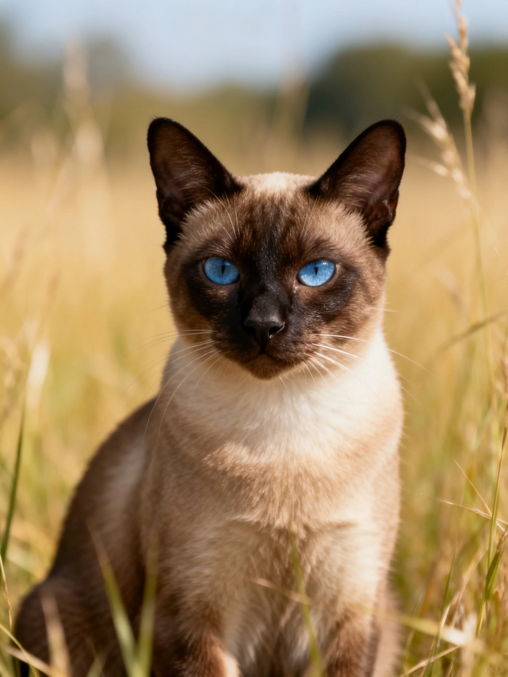 A Siamese cat with blue eyes rests in a sunlit field of tall grass.