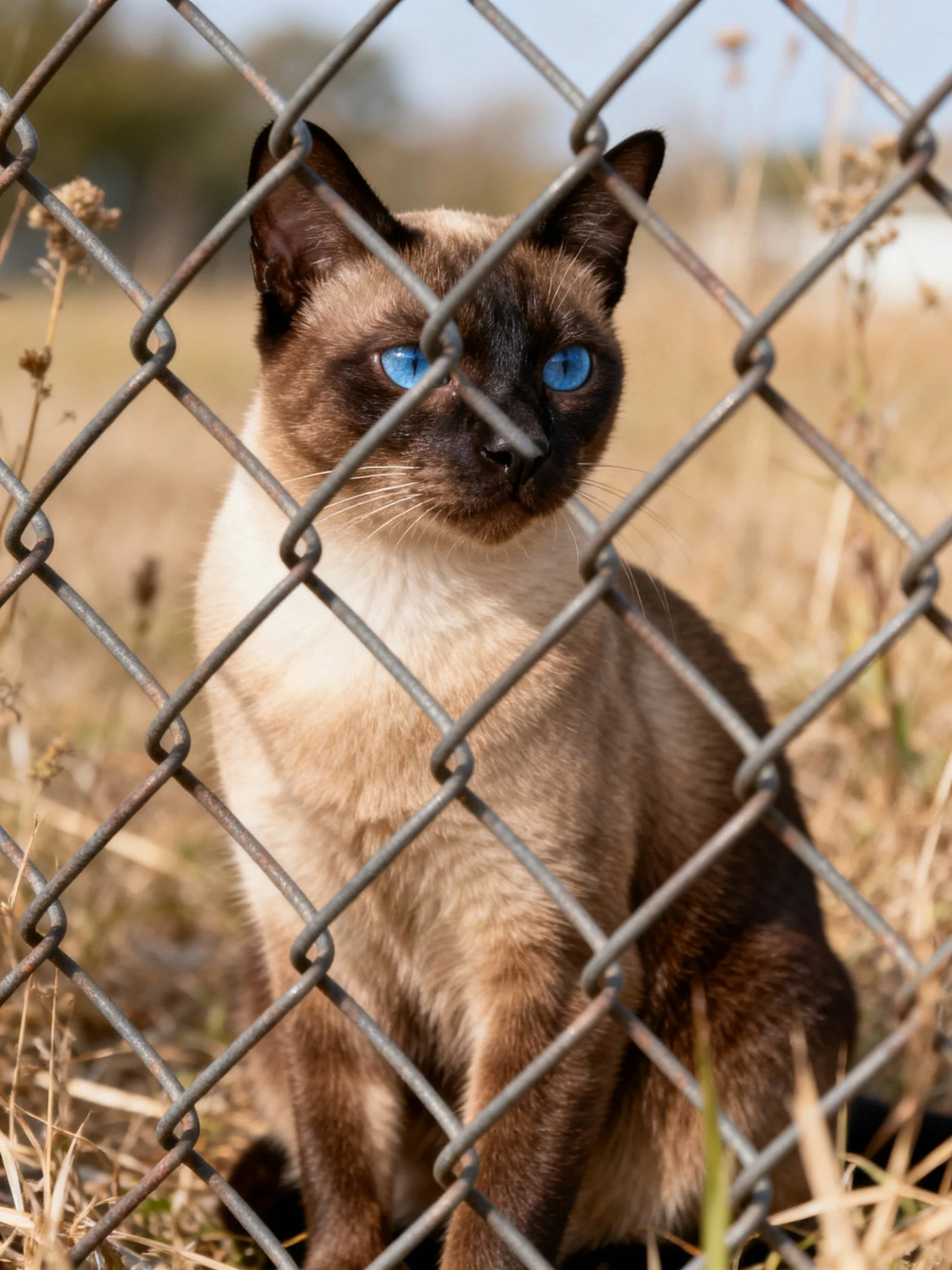 A Siamese cat with bright blue eyes sits behind a chain-link fence