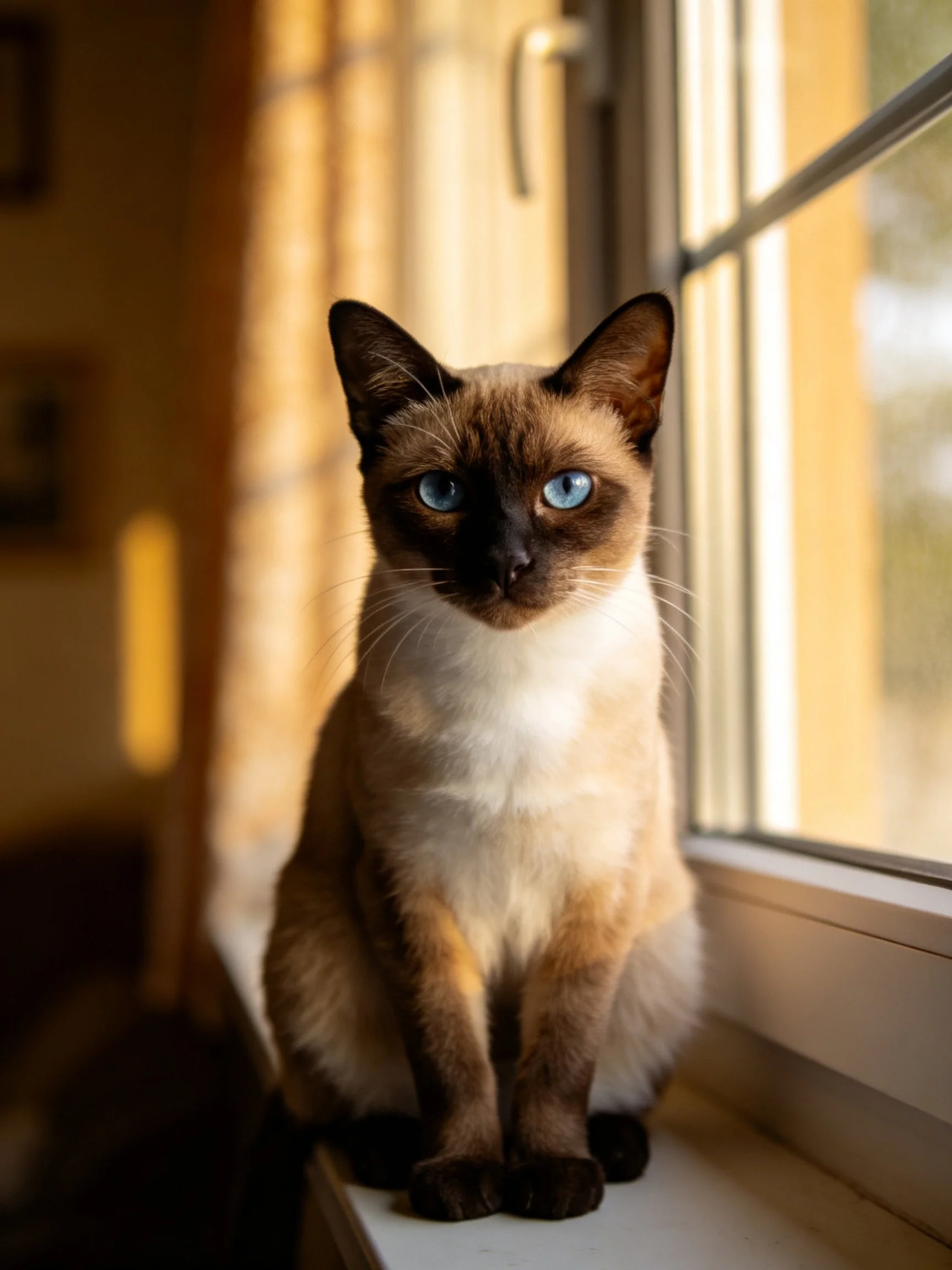 A Siamese cat with bright blue eyes rests near a sunlit window.