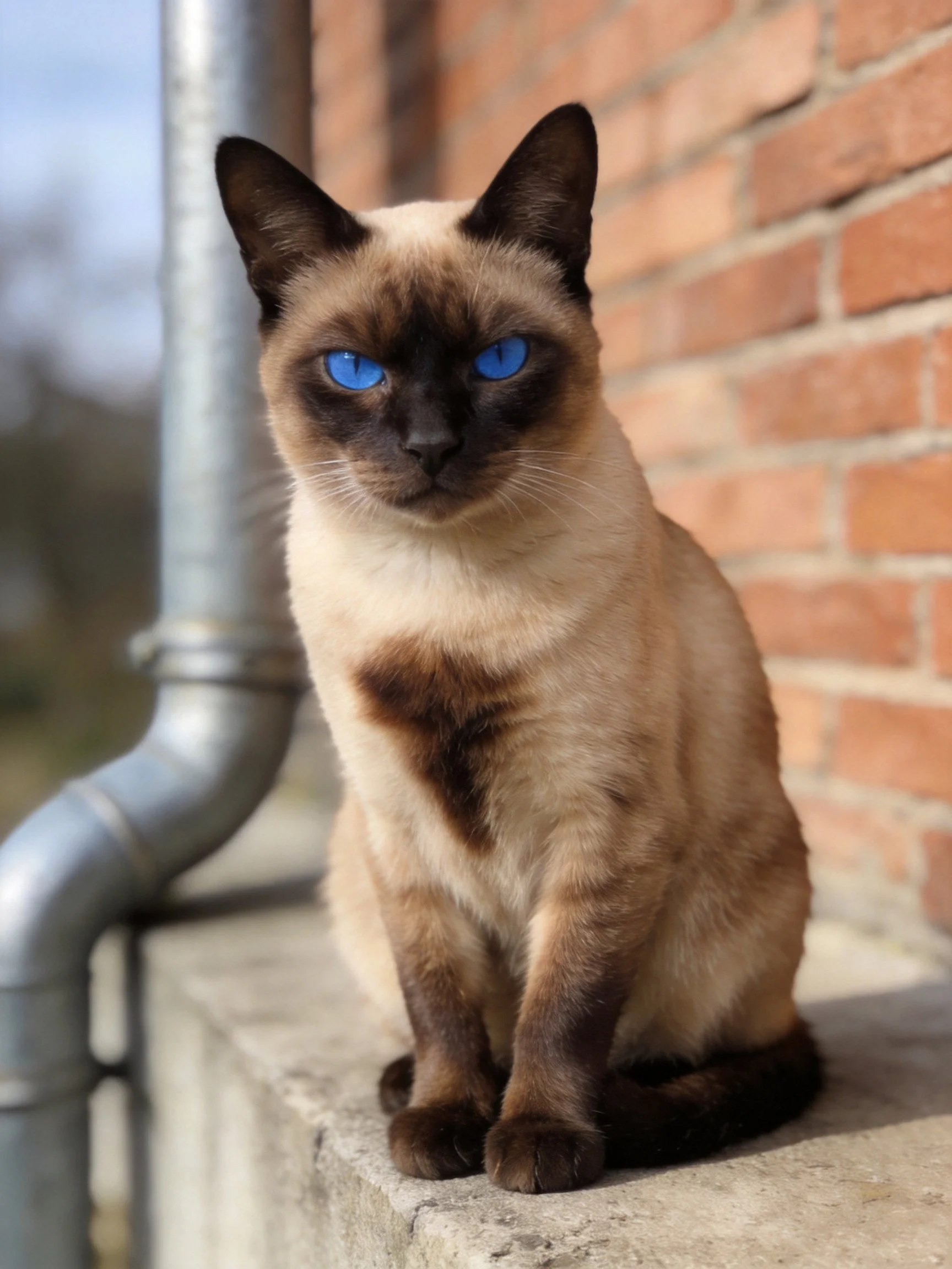 A Siamese cat with bright blue eyes rests next to a brick wall and metal pipe
