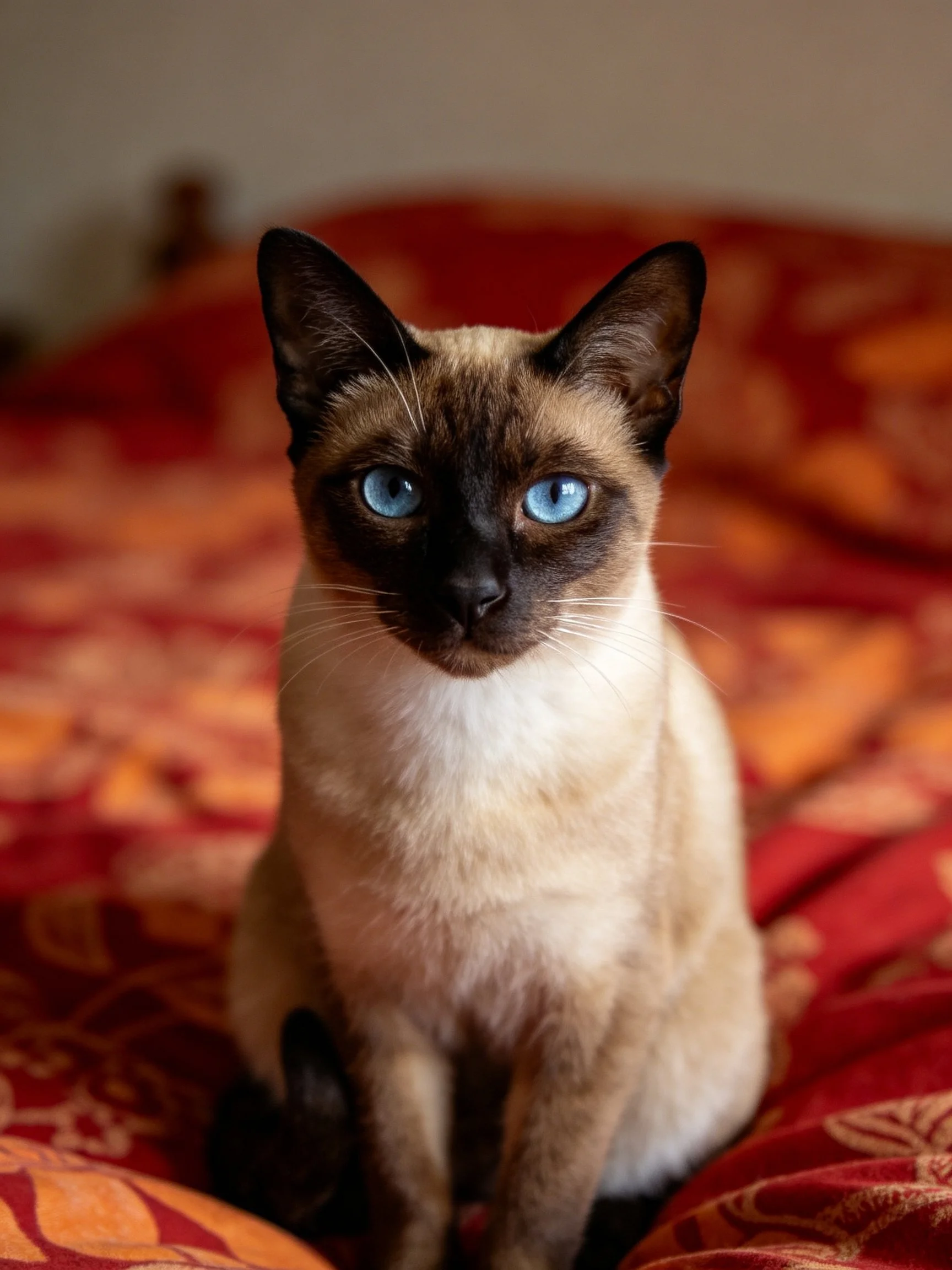 A Siamese cat with bright blue eyes sits on a red-patterned surface.