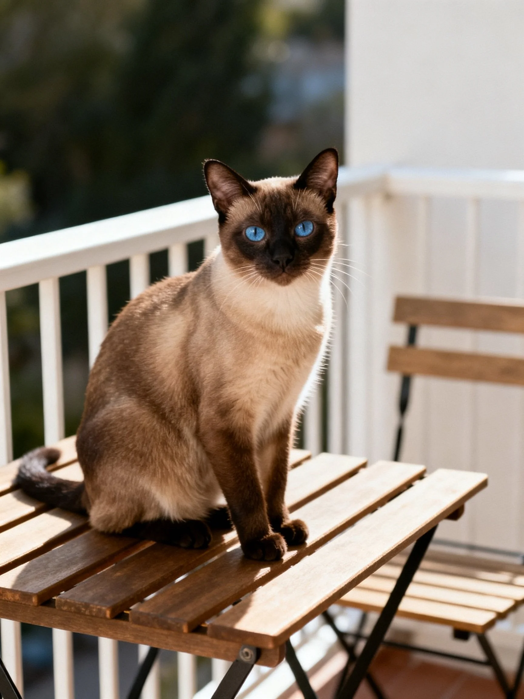 A Siamese cat with blue eyes is seated on a wooden table in an outdoor location