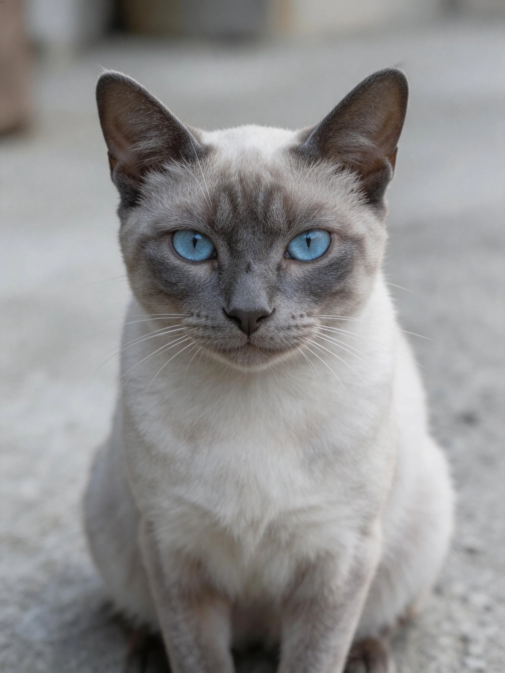 A Siamese cat with blue eyes sits on a concrete surface.