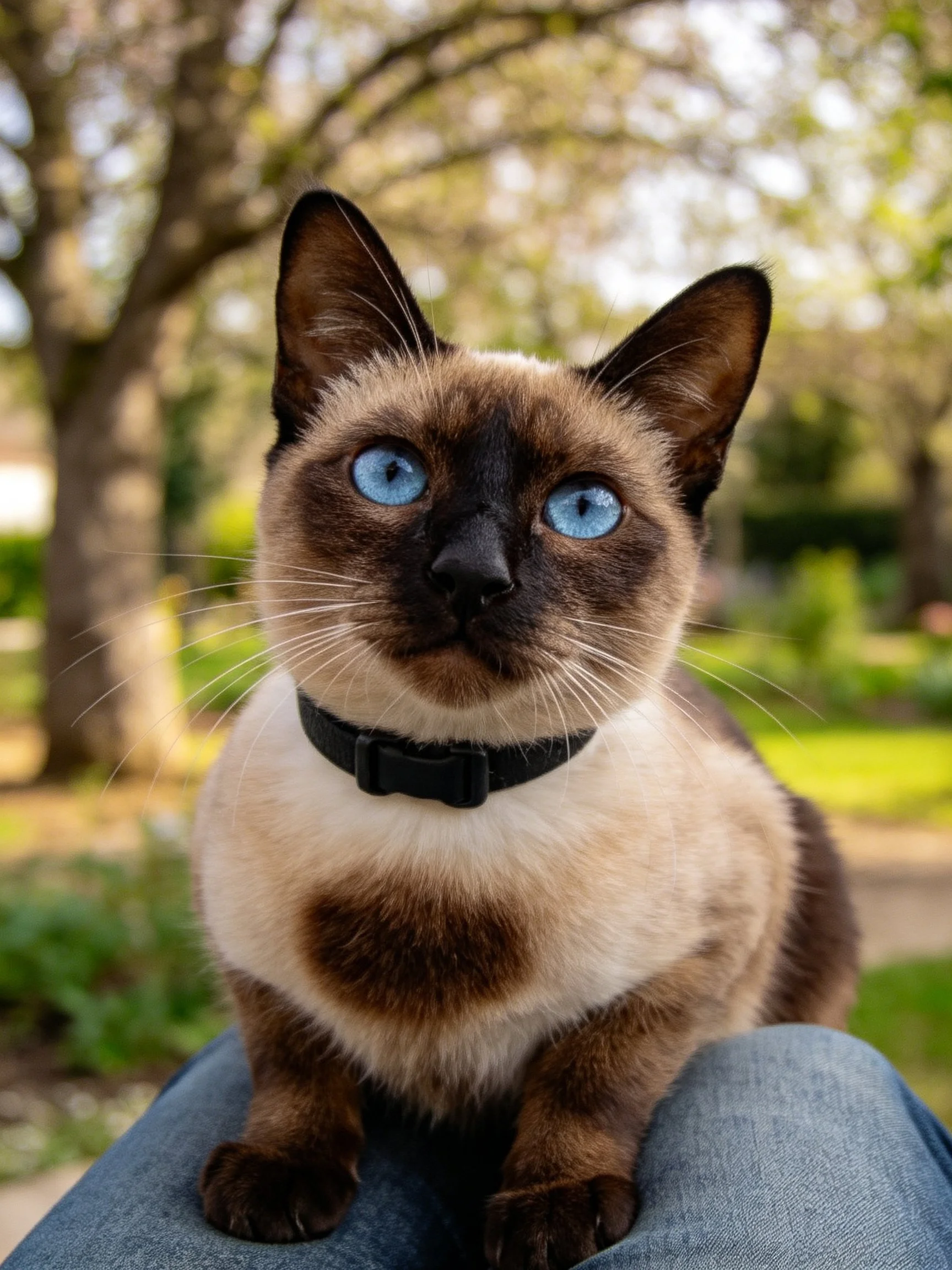 A Siamese cat with bright blue eyes sits on denim in a sunlit outdoor setting