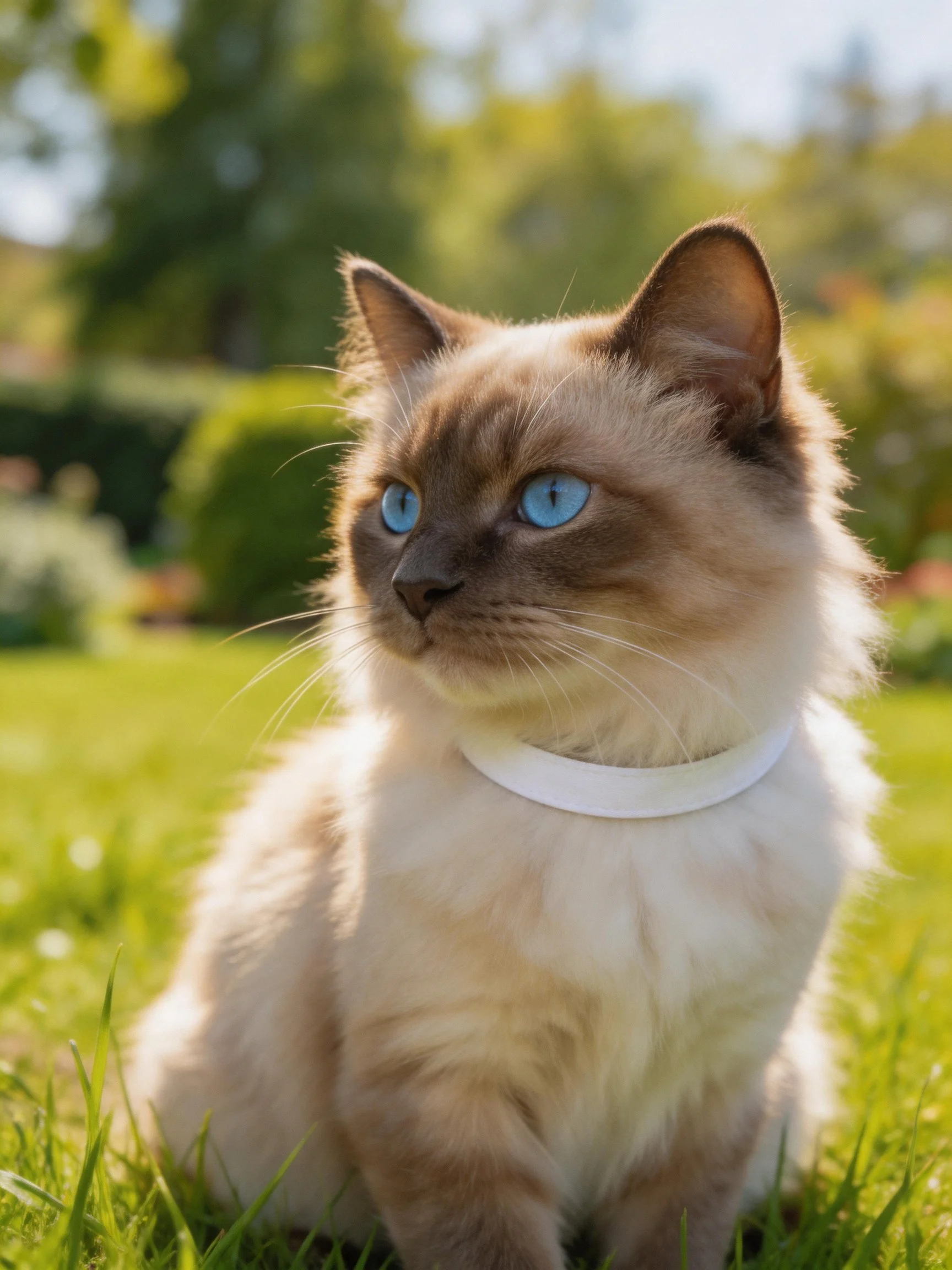 A Siamese cat with bright blue eyes sits on green grass in sunlight