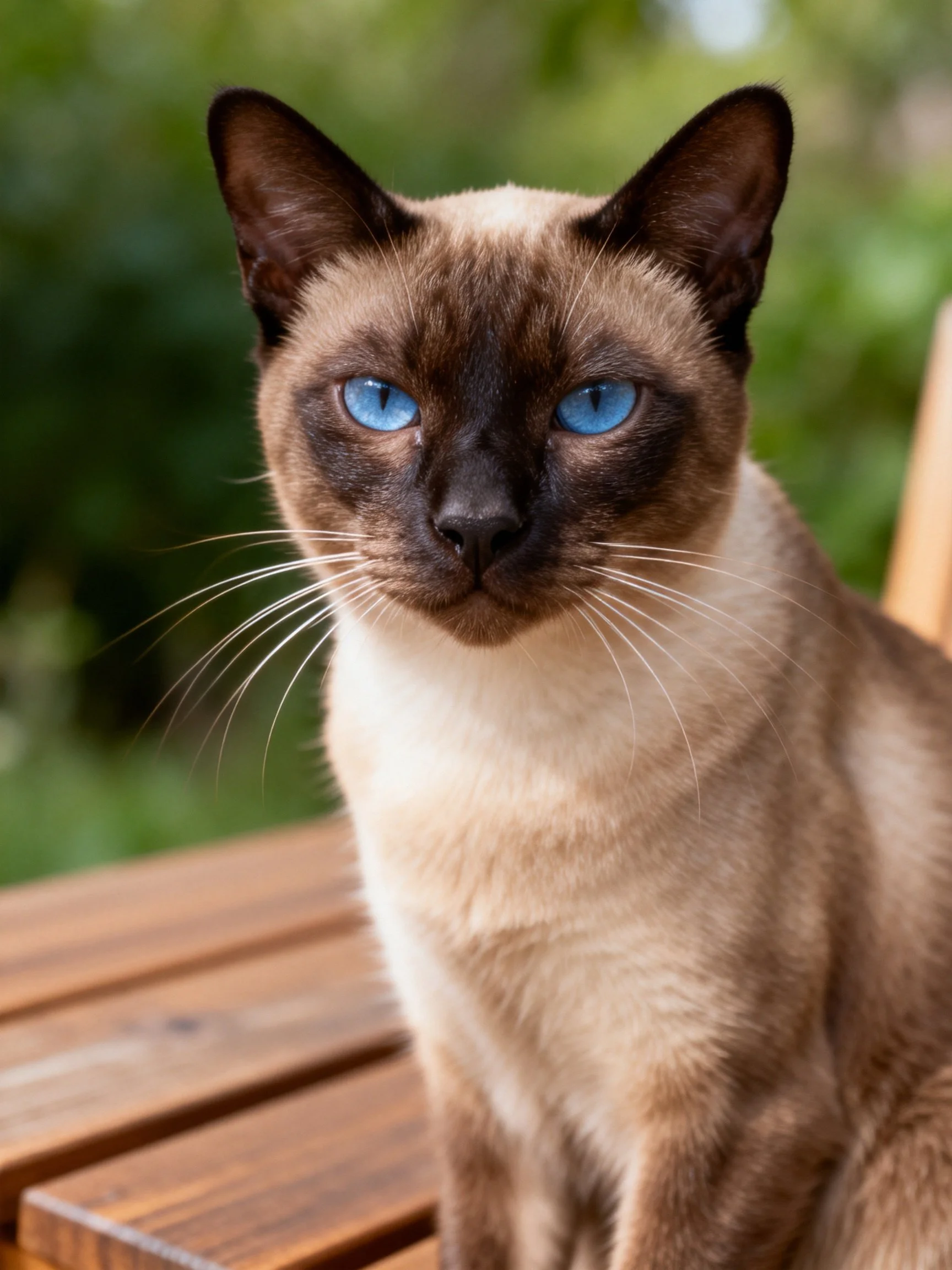 A Siamese cat with blue eyes sits on wooden outdoor furniture