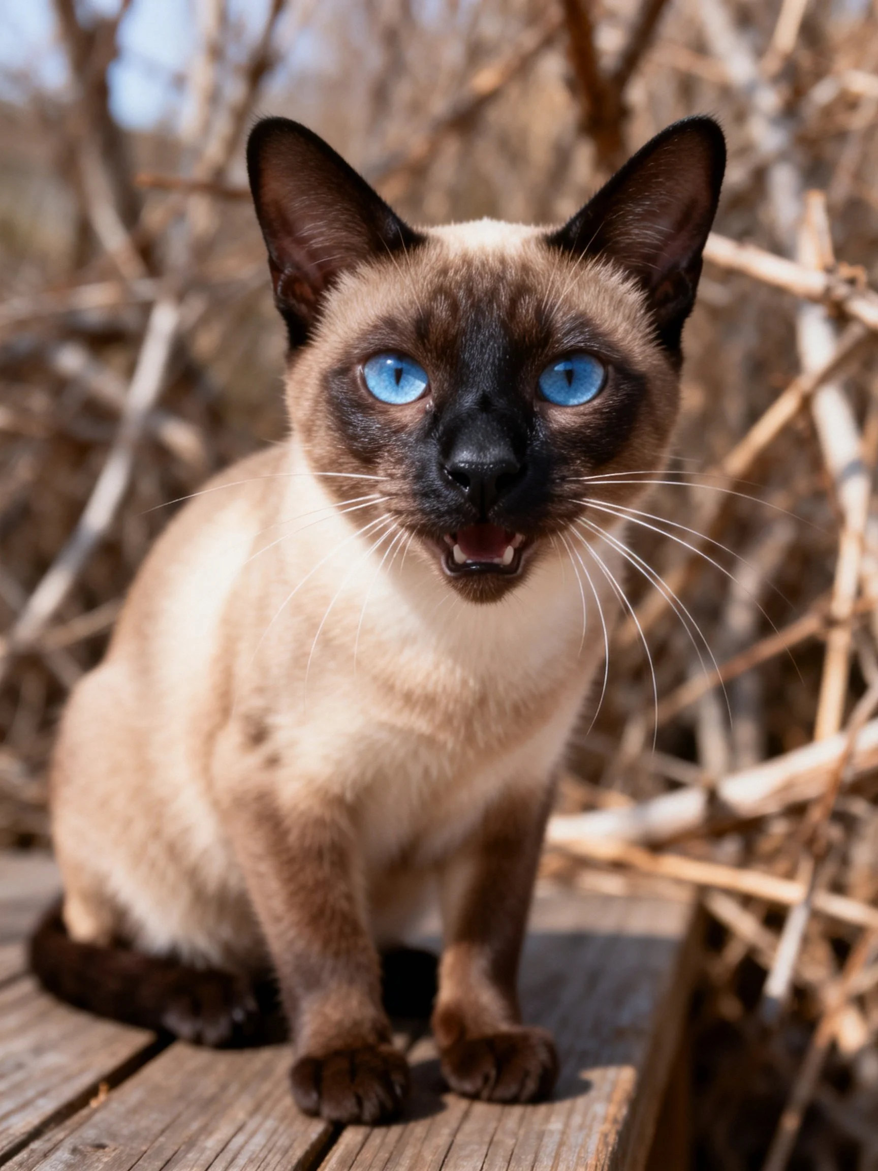 A Siamese cat with bright blue eyes sits on wooden planks near dry brush