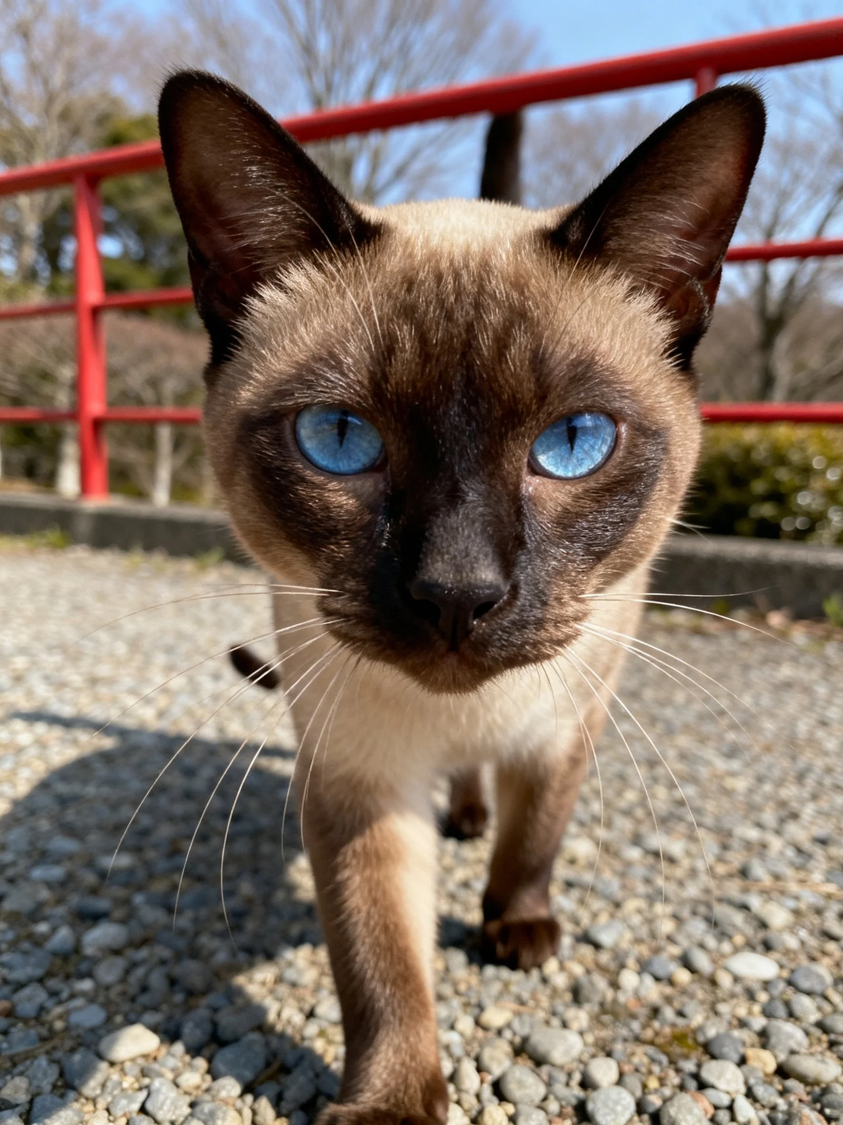 A Siamese cat with blue eyes walks on gravel adjacent to a red railing.
