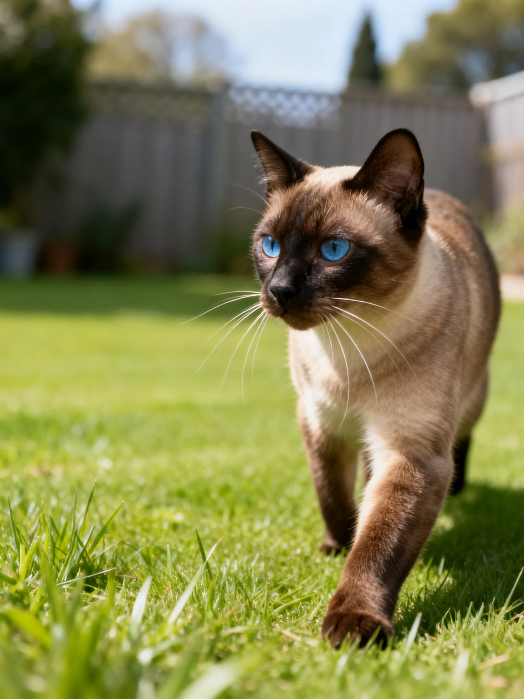 A Siamese cat with blue eyes explores a sunny backyard lawn.